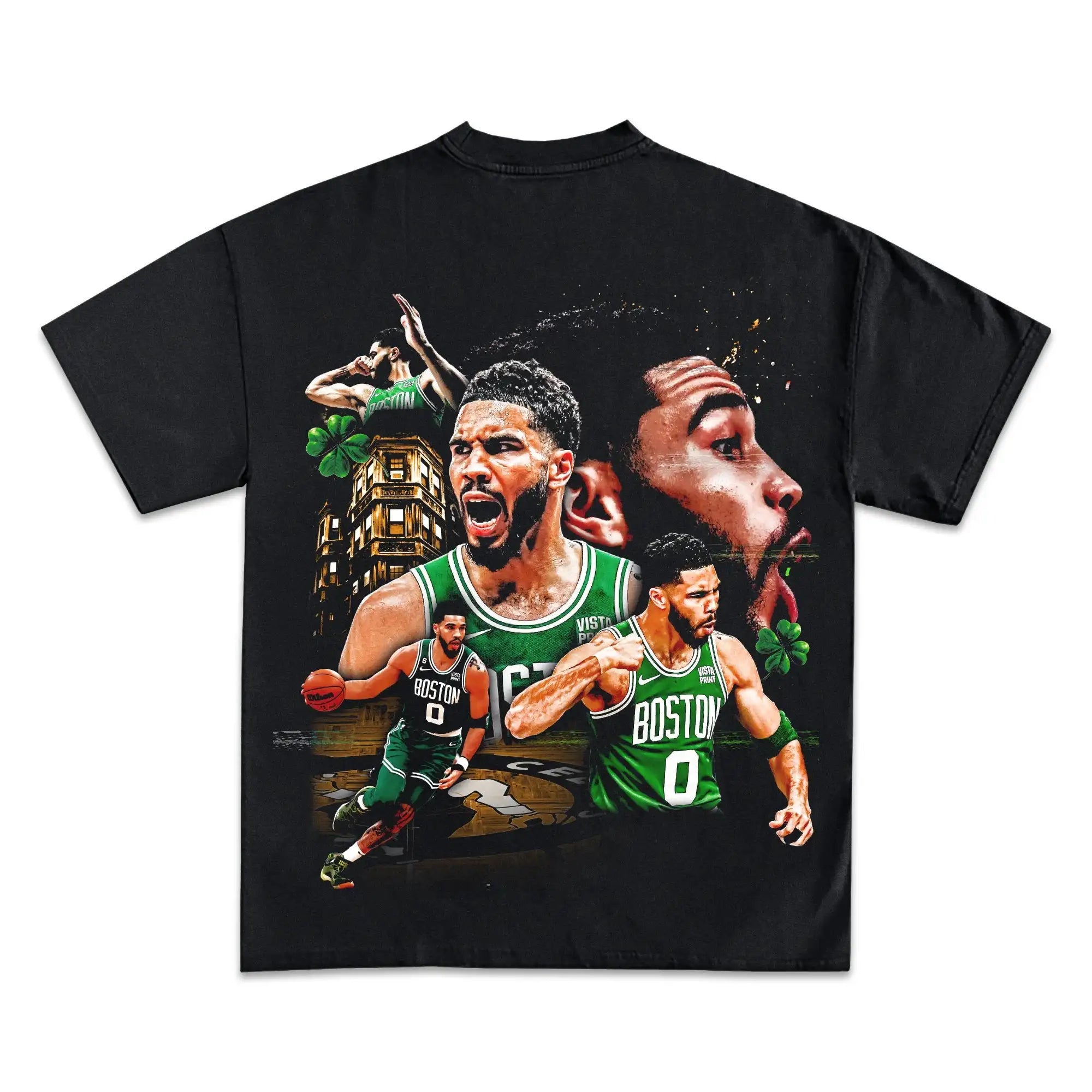 Black t-shirt with Boston Celtics basketball player graphic on a white background. jason tatum shirt