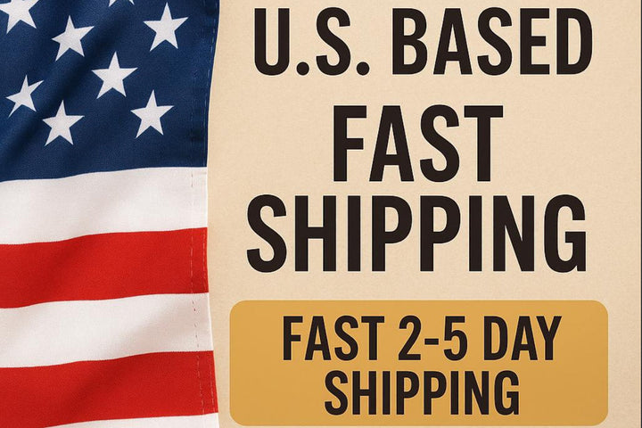 American flag with 'U.S. Based Fast Shipping' text on a beige background