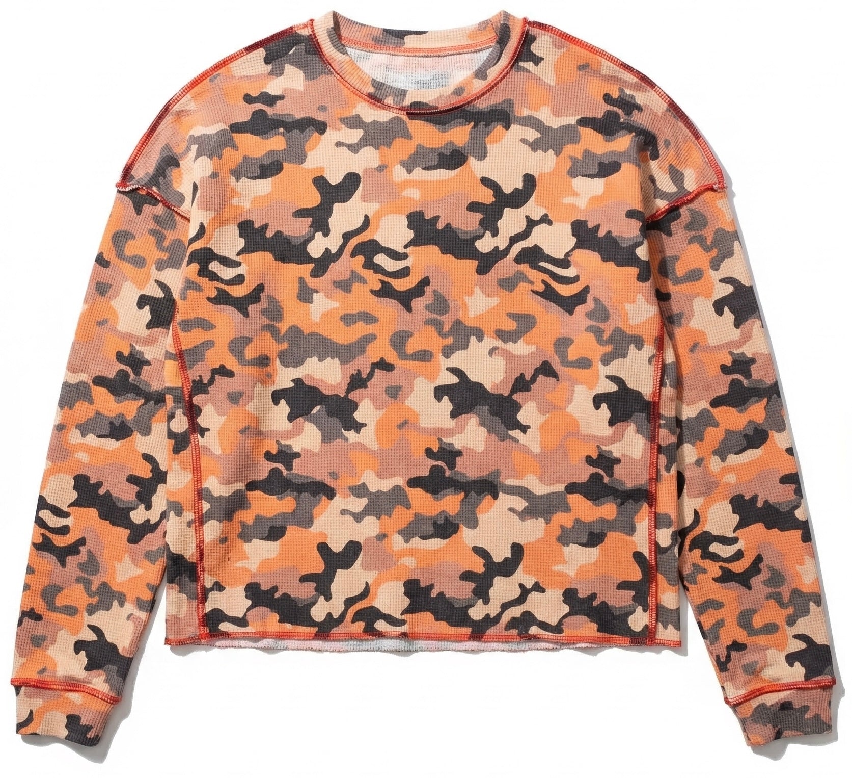 Neniom burnt orange camouflage thermal long-sleeve shirt, boxy fit, waffle-knit texture with red stitching