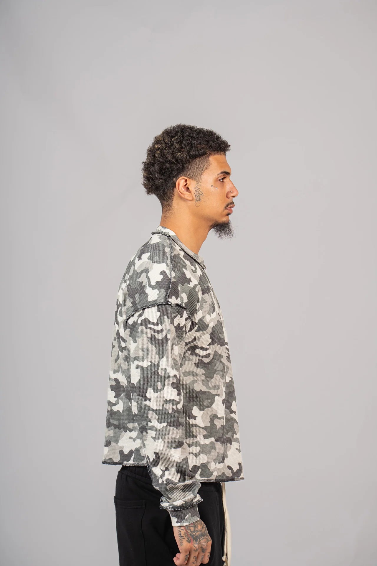 Military War burnt gray boxy thermal long-sleeve shirt in camouflage pattern by Neniom