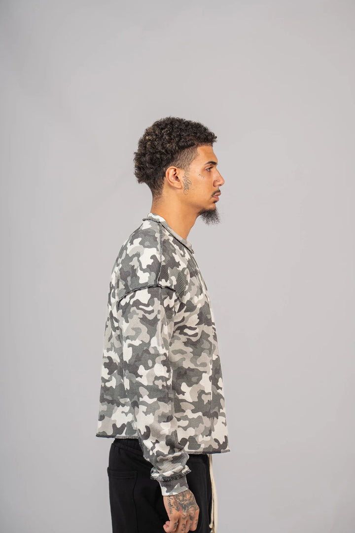Military War burnt gray boxy thermal long-sleeve shirt in camouflage pattern by Neniom