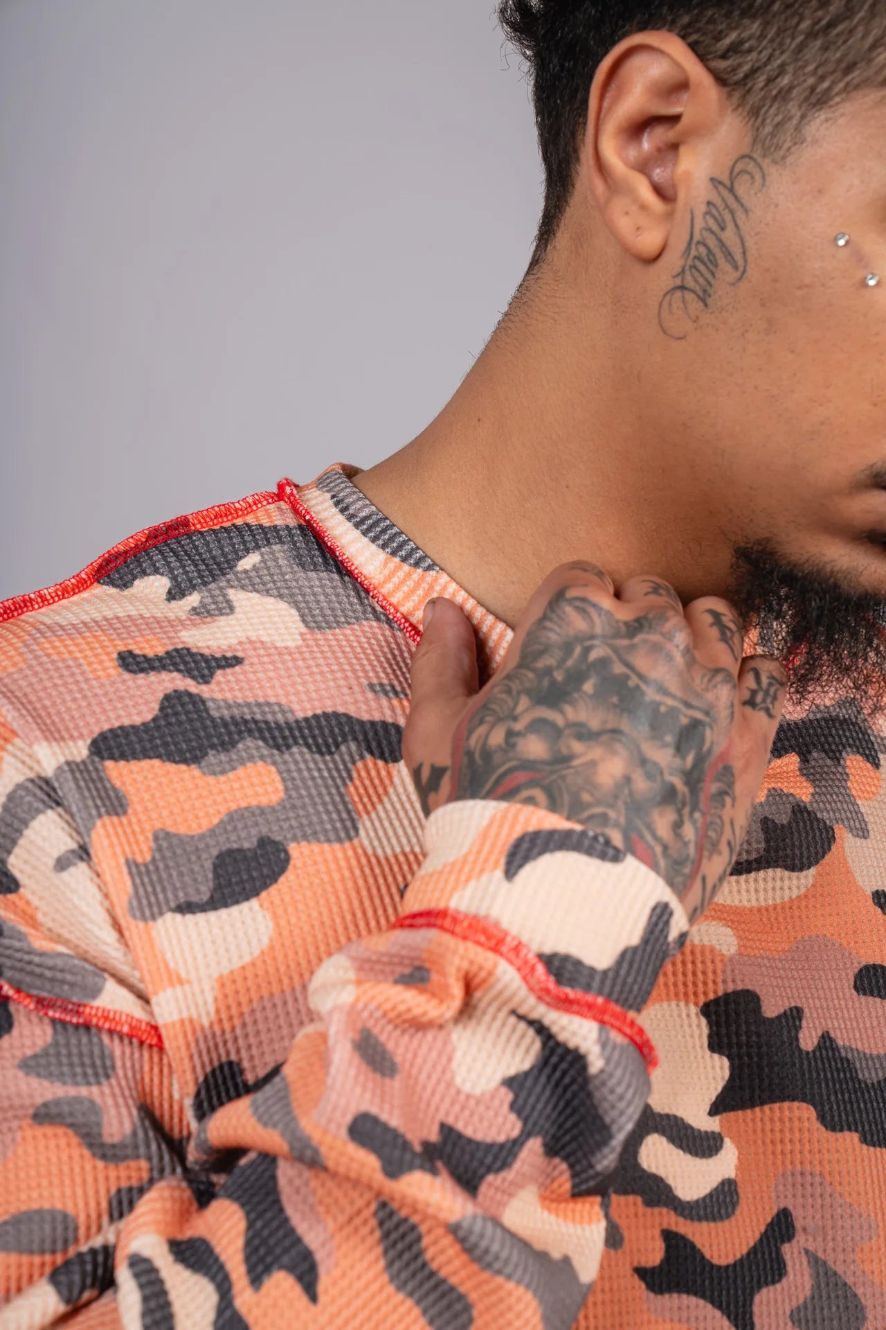 Neniom burnt orange camo boxy thermal long-sleeve shirt with military camouflage pattern