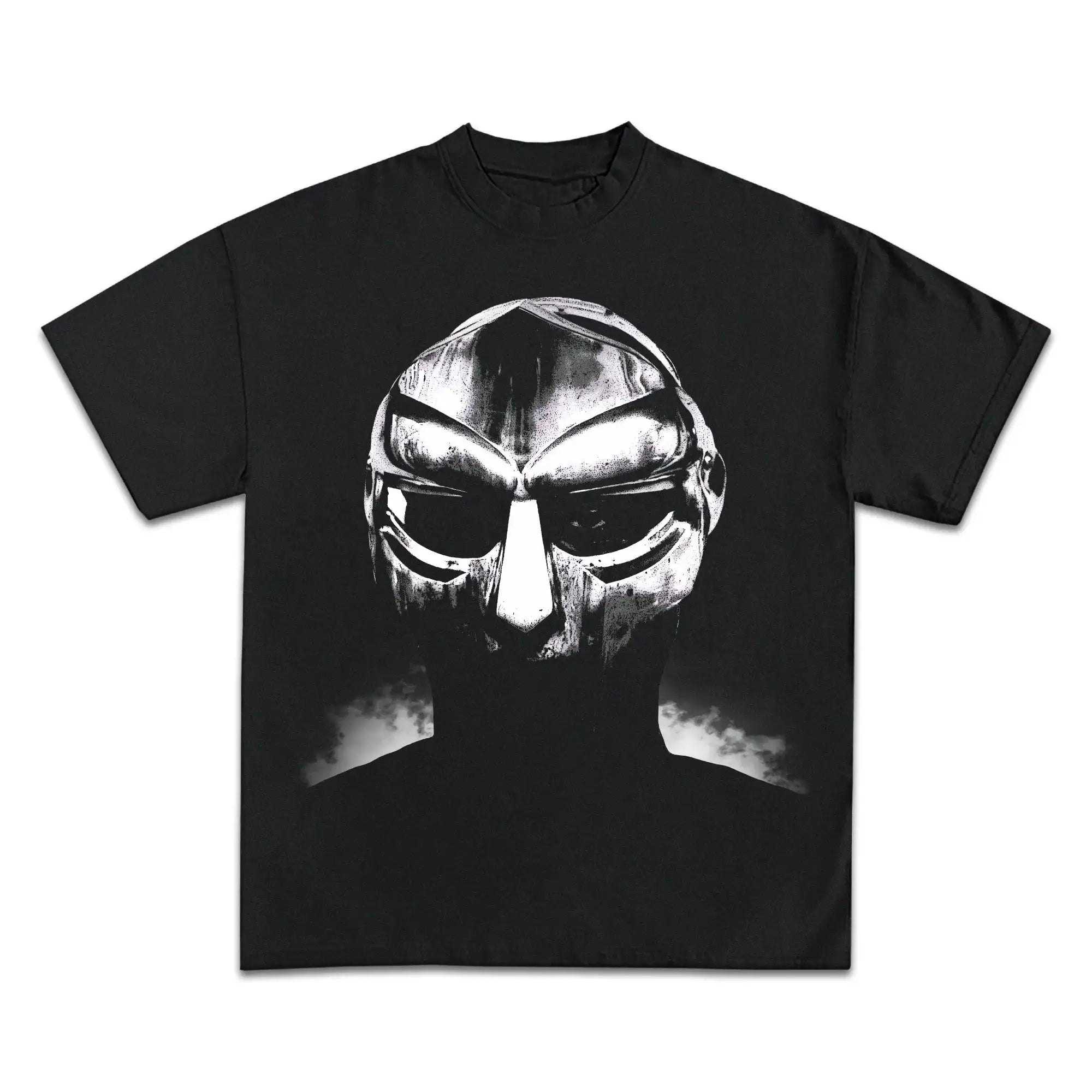 Black t-shirt with a graphic design of a helmet on a white background. mf doom shirt vintage oversized boxy
