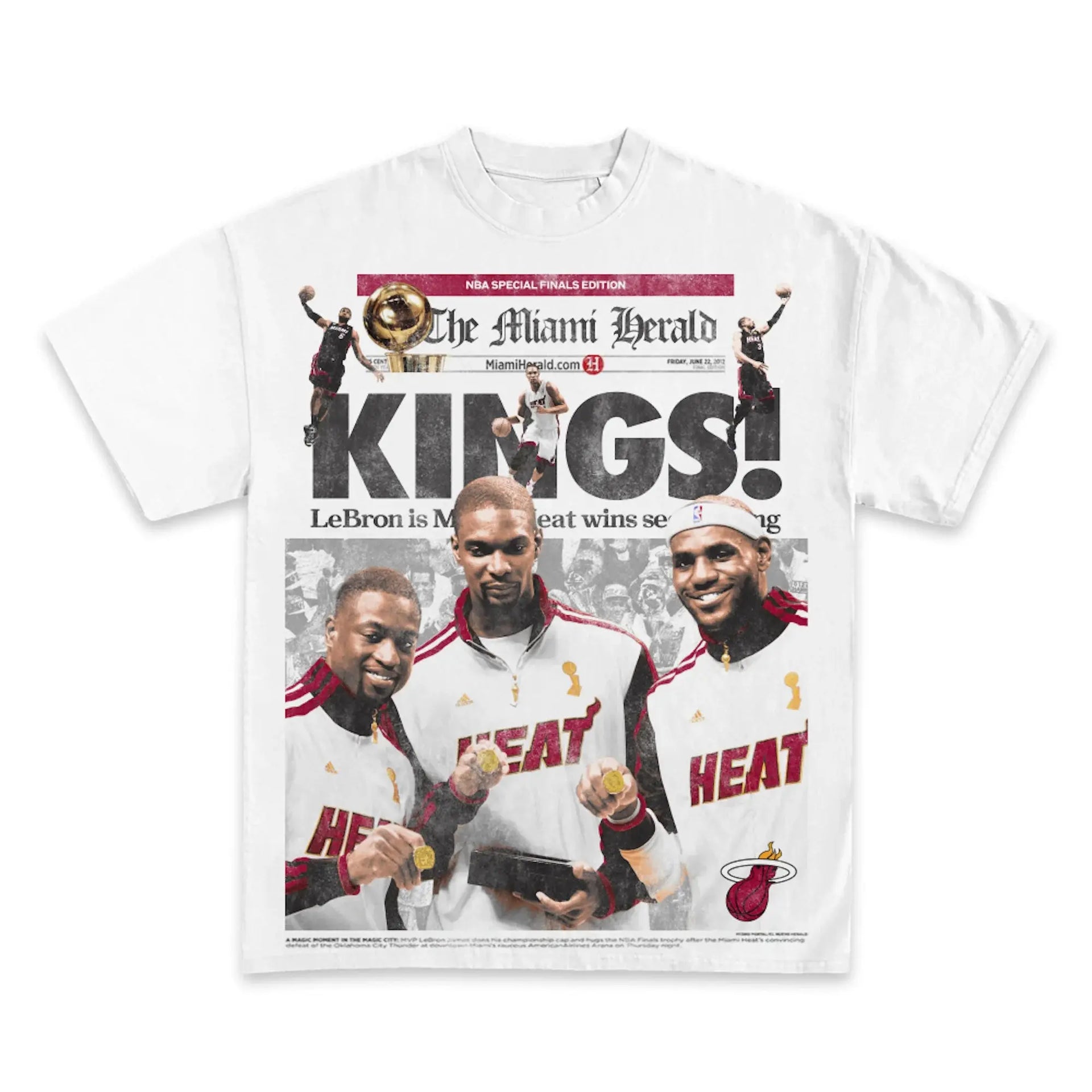 T-shirt with a graphic of three men in sports jerseys and a newspaper-style design. NBA Heats shirt lebron chris bosh wayne wade lebron james shirt