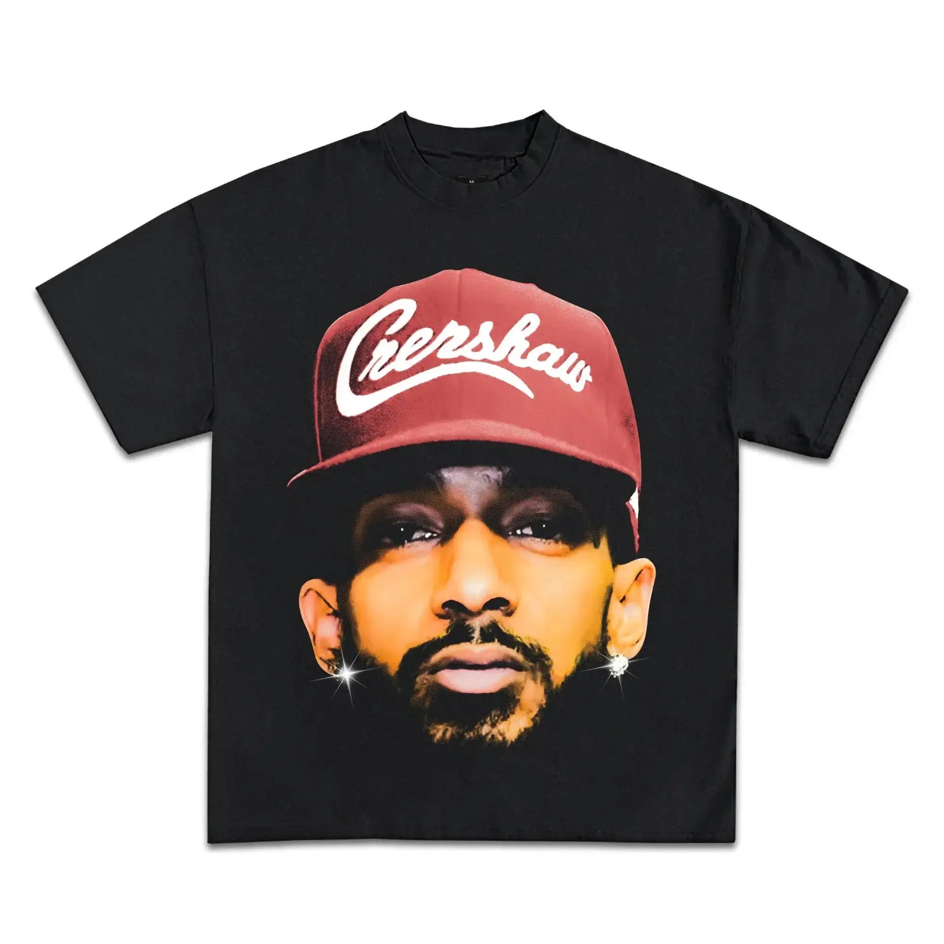 Black t-shirt with a graphic of a person wearing a red 'Crenshaw' cap on a white background. nipsey hustle shirt
