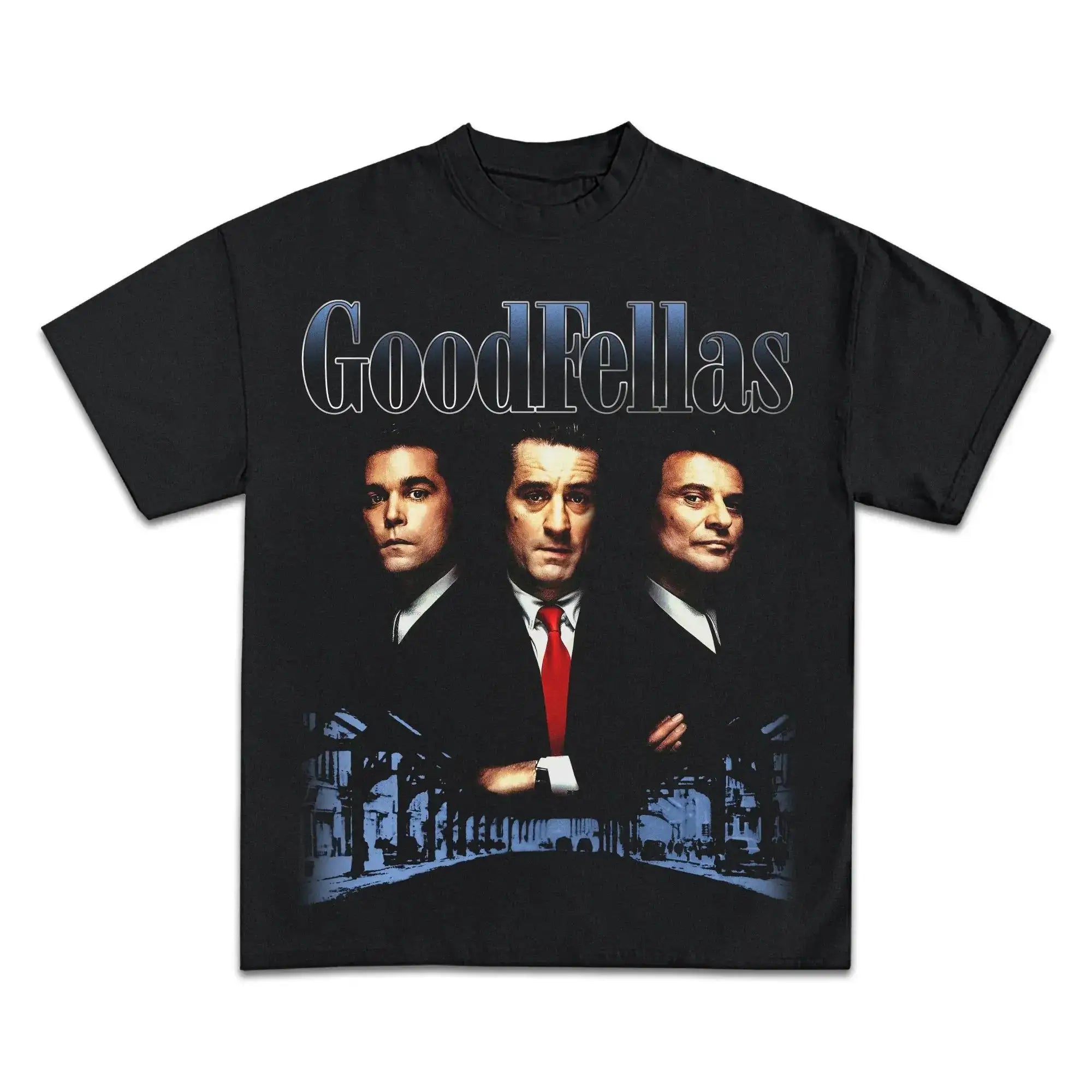 Black t-shirt with 'GoodFellas' movie graphic featuring three men in suits.
