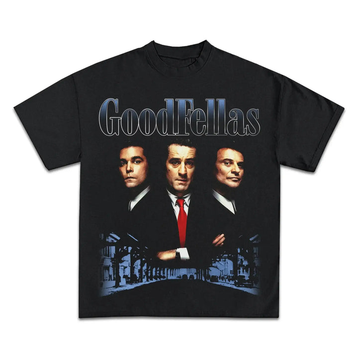 Black t-shirt with 'GoodFellas' movie graphic featuring three men in suits.