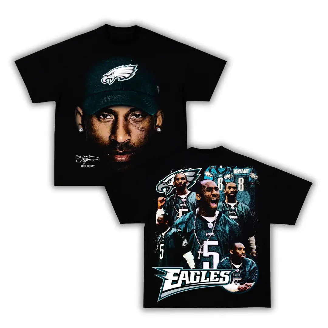 Black t-shirt with a graphic of a sports team and a person, featuring the Eagles logo. KOBE BRYANT SHIRT