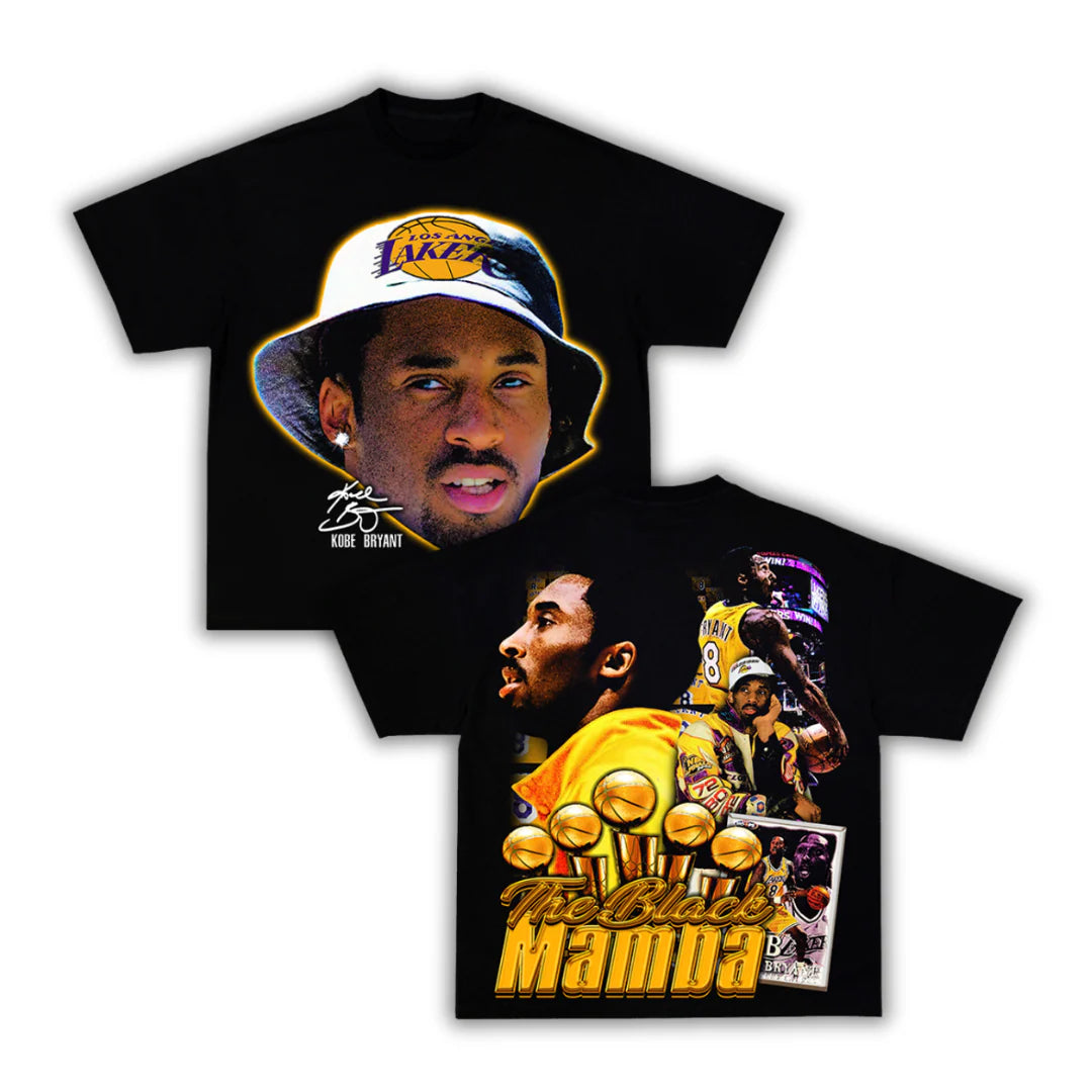Black t-shirt with images of a basketball player and text on a white background. kobe bryant oversized boxy shirt. Lakers Shirt