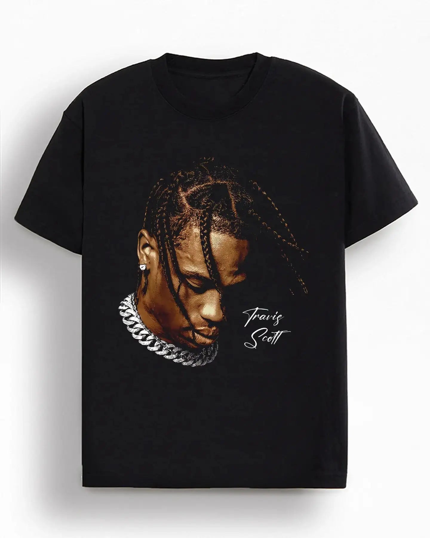 Black t-shirt with a graphic of a person with braided hair and 'Travis Scott' text on a white background. Travis Scott Big Head Boxy Vintage Shirt Graphic Basketball Tee Streetwear Y2K