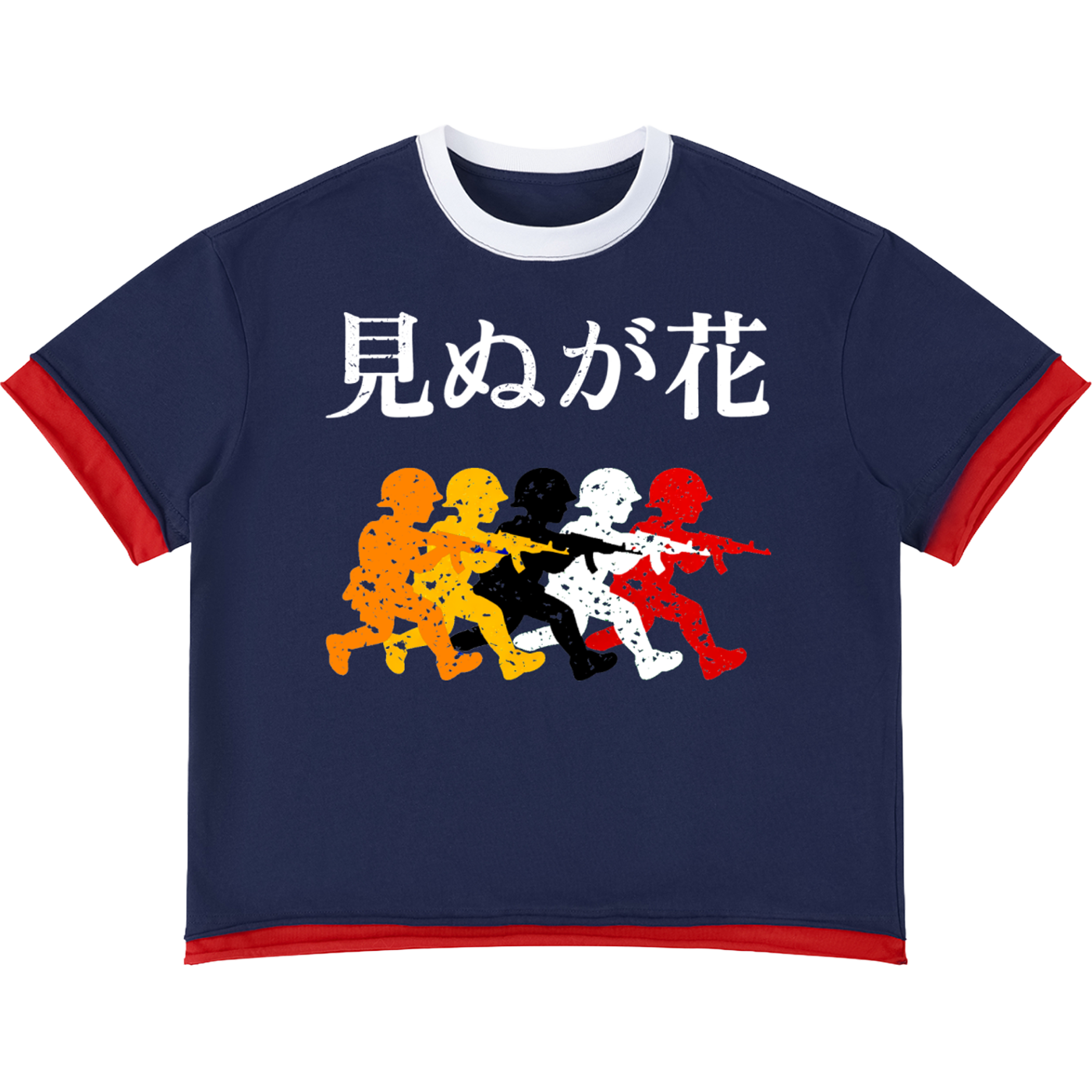 Navy blue t-shirt with colorful graphic design and white text on a white background. Japanese Graphic Boxy T-Shirt – Oversized Navy Red Anime Streetwear Tee