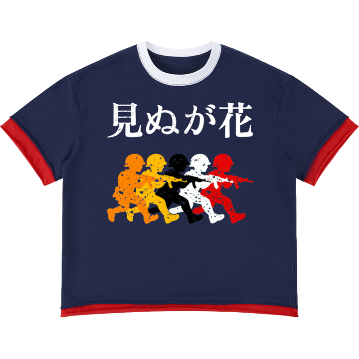 Navy blue t-shirt with colorful graphic design and white text on a white background. Japanese Graphic Boxy T-Shirt – Oversized Navy Red Anime Streetwear Tee