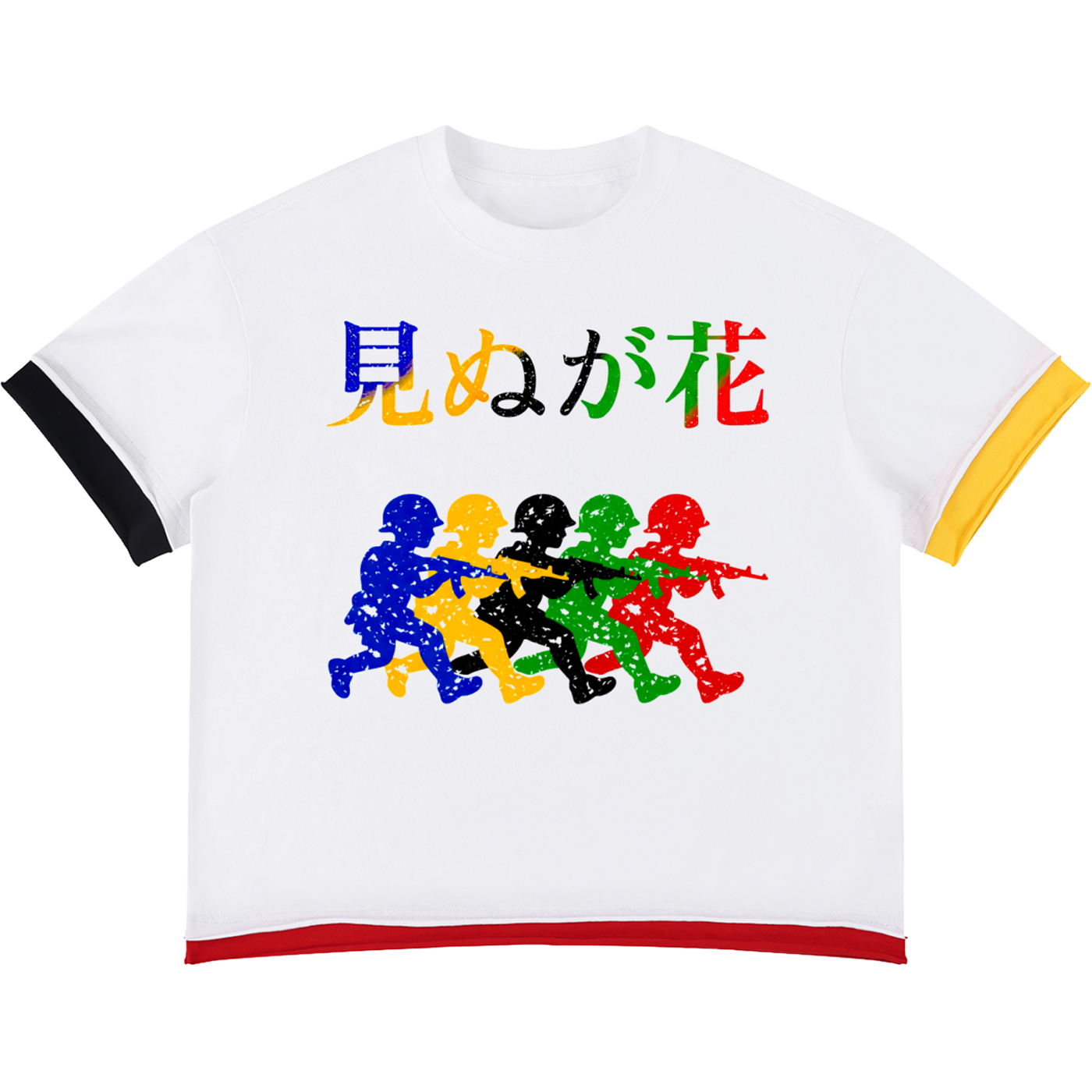 White t-shirt with colorful graphic design and text on a white background