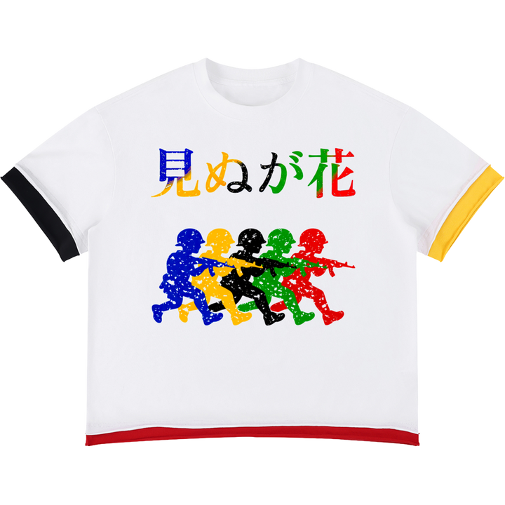 White t-shirt with colorful graphic design and text on a white background