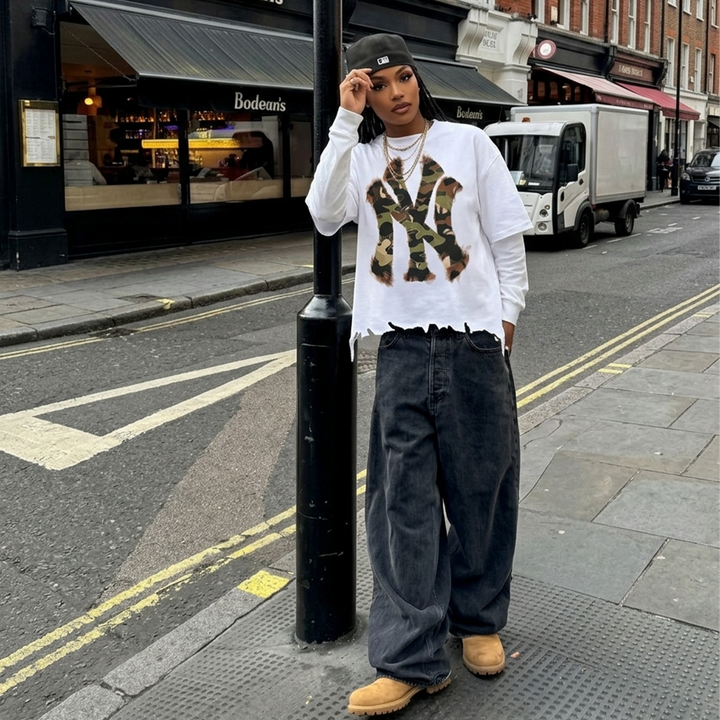 Destroyed NYC Inked Camouflage graphic oversized boxy T-shirt, white, by Neniom