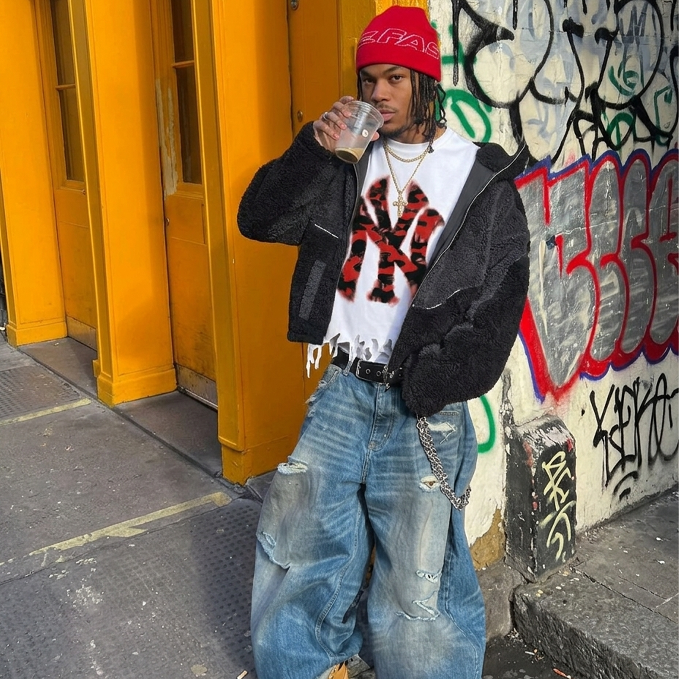 Neniom oversized boxy T-shirt with destroyed NYC inked red camouflage graphic on white