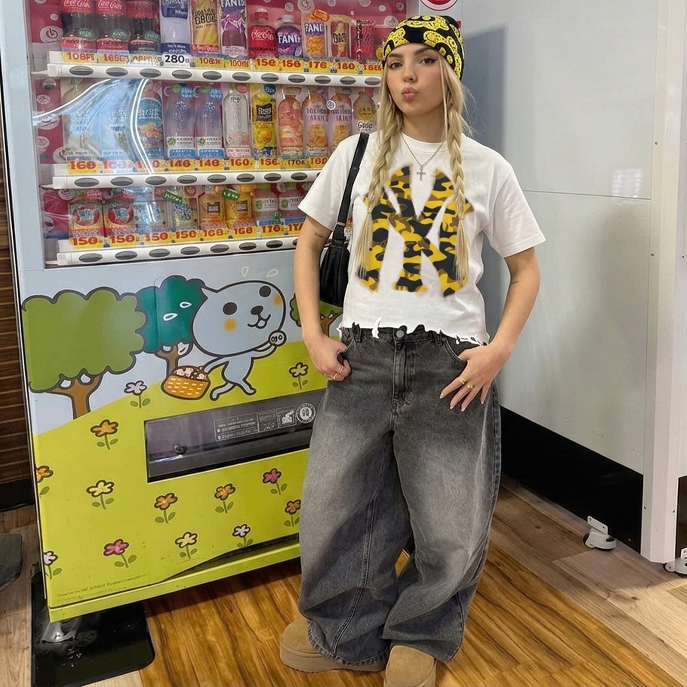 Neniom oversized white boxy T-shirt with destroyed NYC inked yellow camouflage graphic, Y2K style