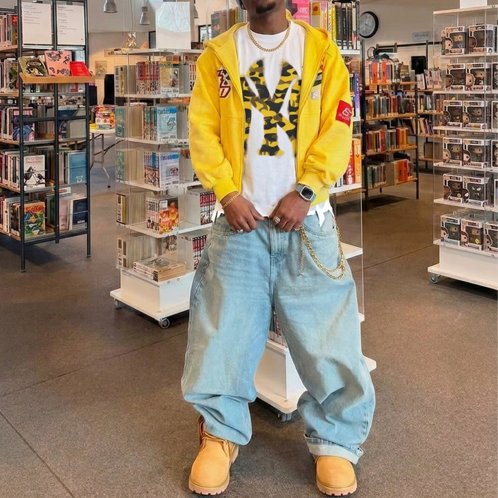 Neniom destroyed NYC Inked Yellow Camouflage vintage oversized boxy T-shirt with graphic Y2K