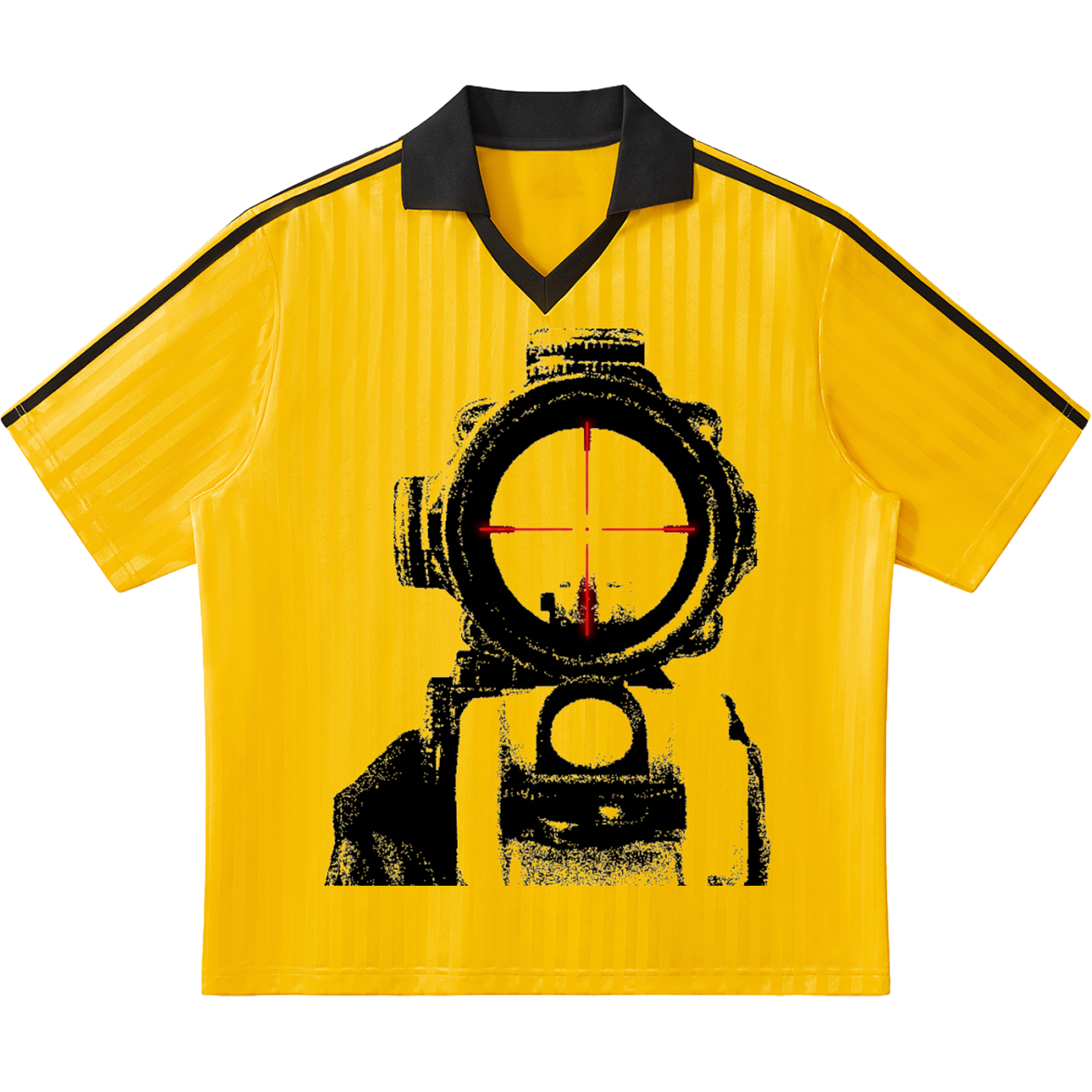 Yellow shirt with black target design on a white background