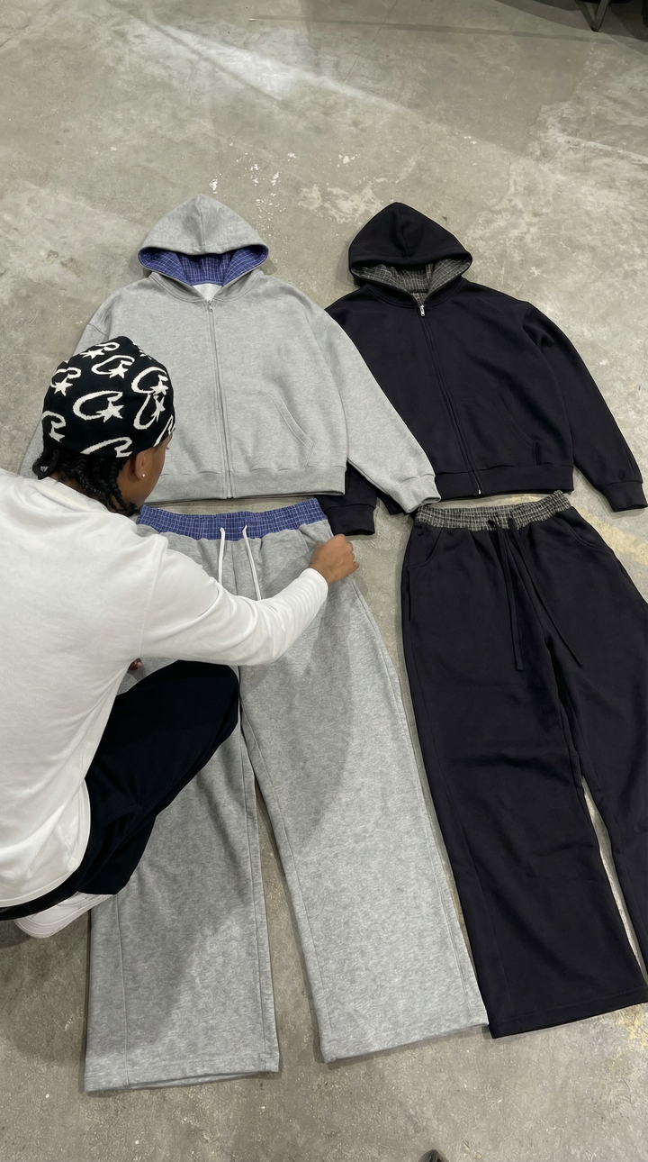 Lazy Boy Contrast Plaid Boxy Zip Up Black Hoodie