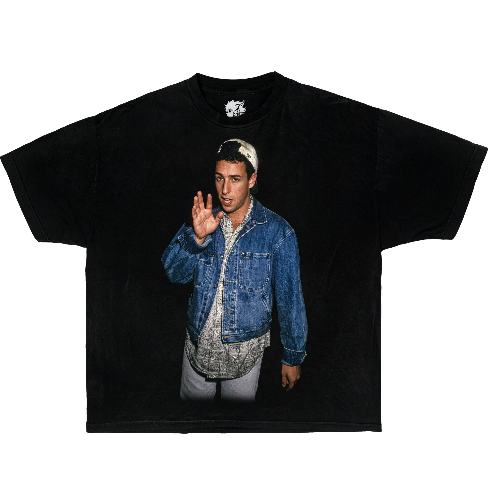 Black graphic t-shirt featuring Adam Sandler portrait wearing denim jacket and cap in vintage 90s comedy streetwear design.