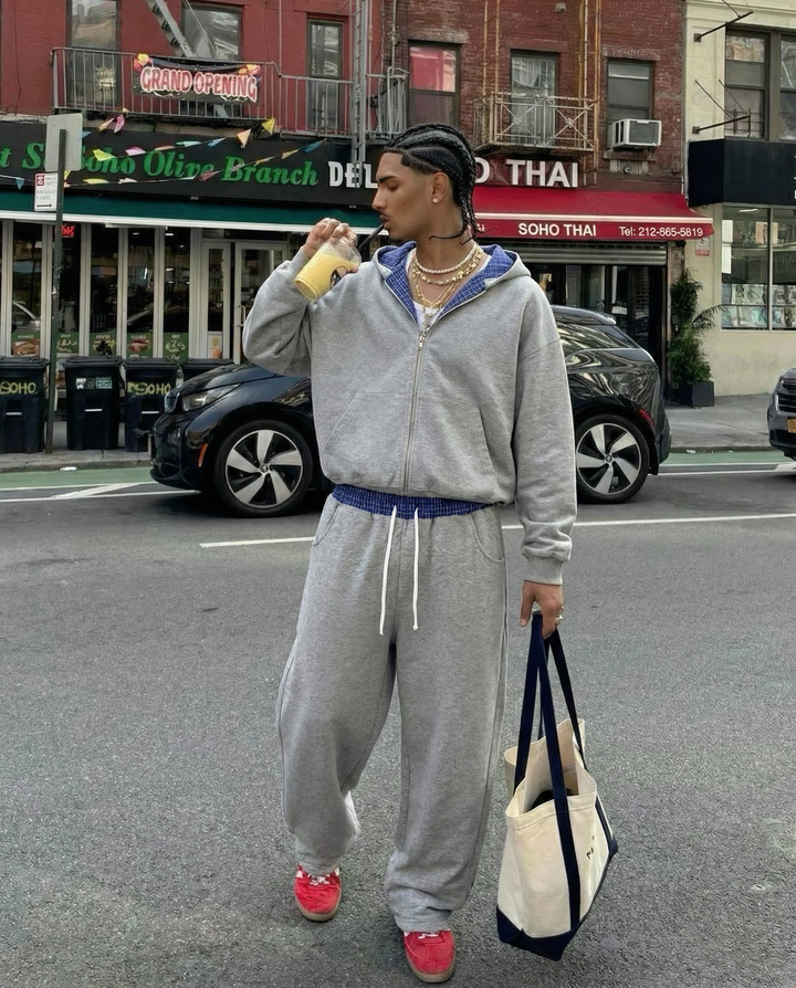 Plaid Waistband Barrel Oversized Y2K Flared Gray Sweatpants - Neniom