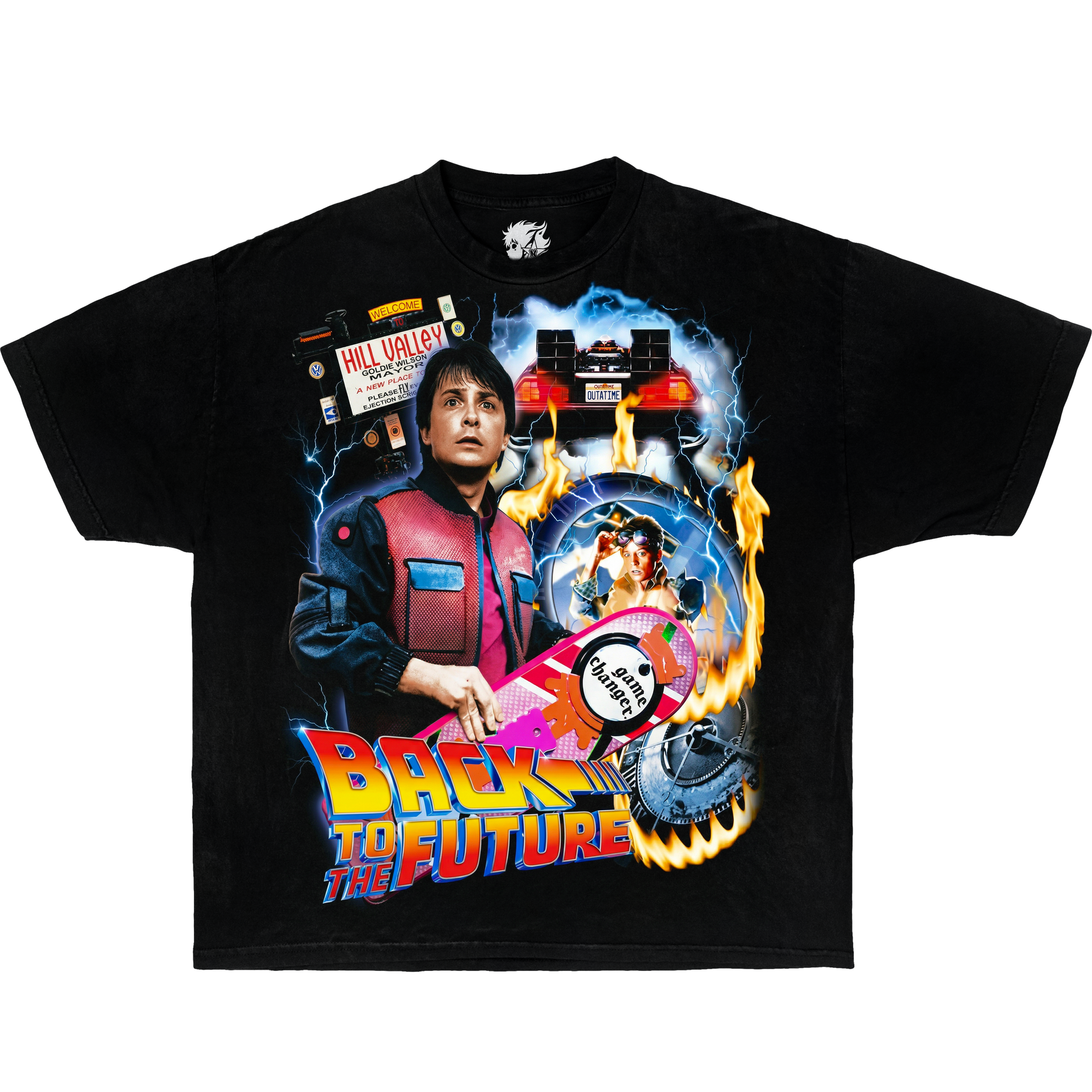 Black graphic t-shirt featuring Back to the Future collage design with Marty McFly, DeLorean time machine, hoverboard and retro 80s sci-fi movie artwork.