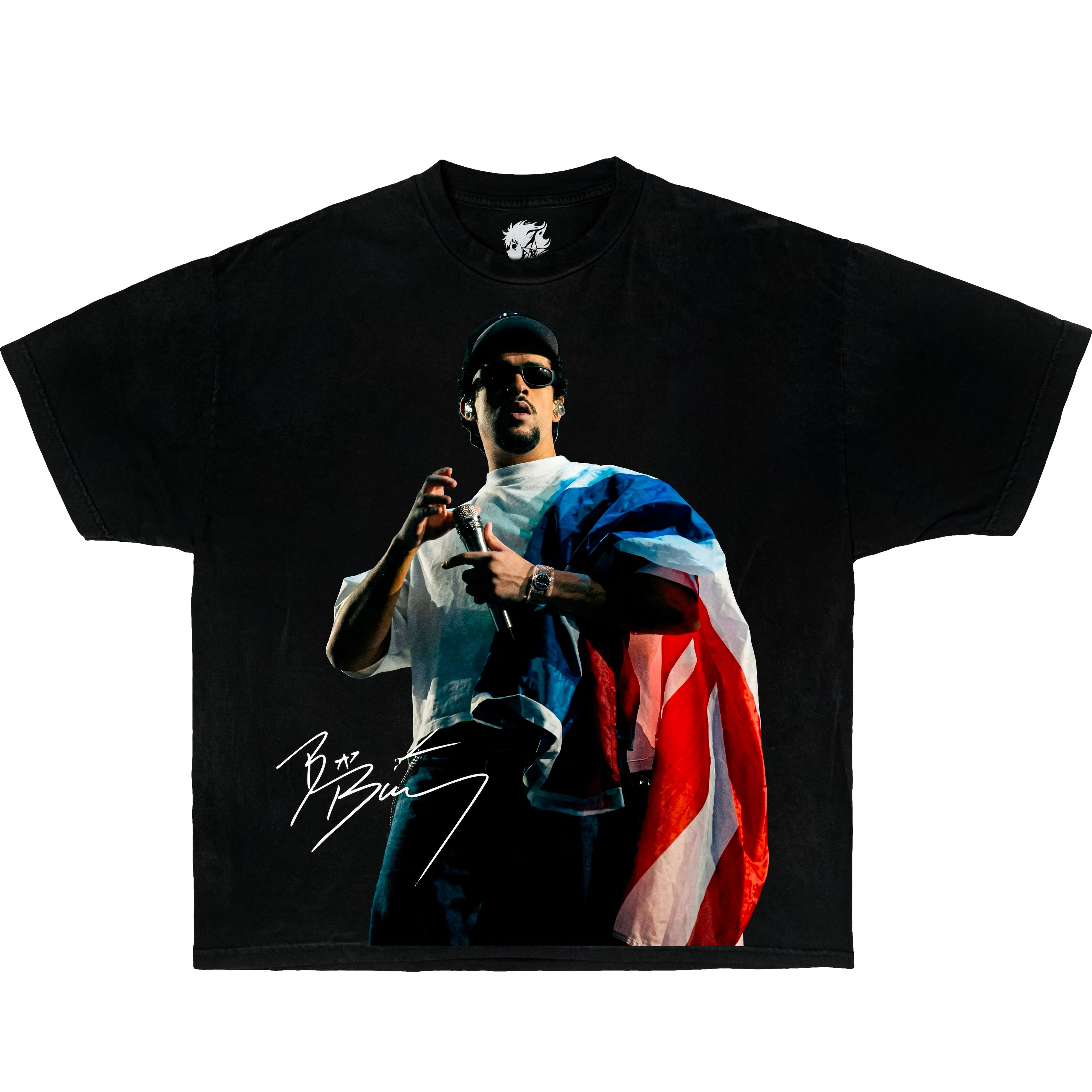 Black graphic t-shirt featuring Bad Bunny performing on stage holding a microphone with Puerto Rico flag draped over his shoulder.