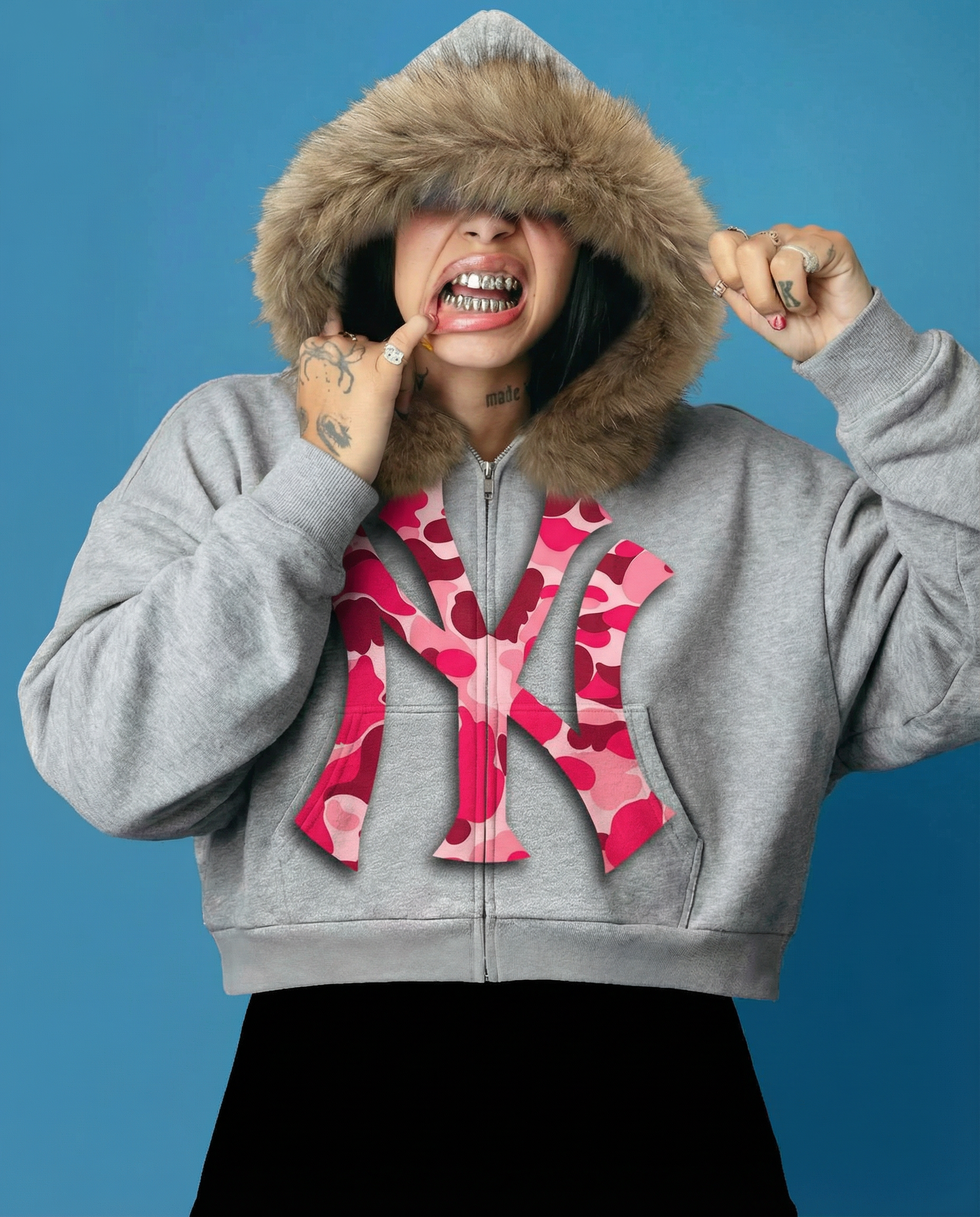 NY Pink Camo Uptown Skyline Fur Detachable Zip Up Hoodie Y2K Loose Fit Cropped