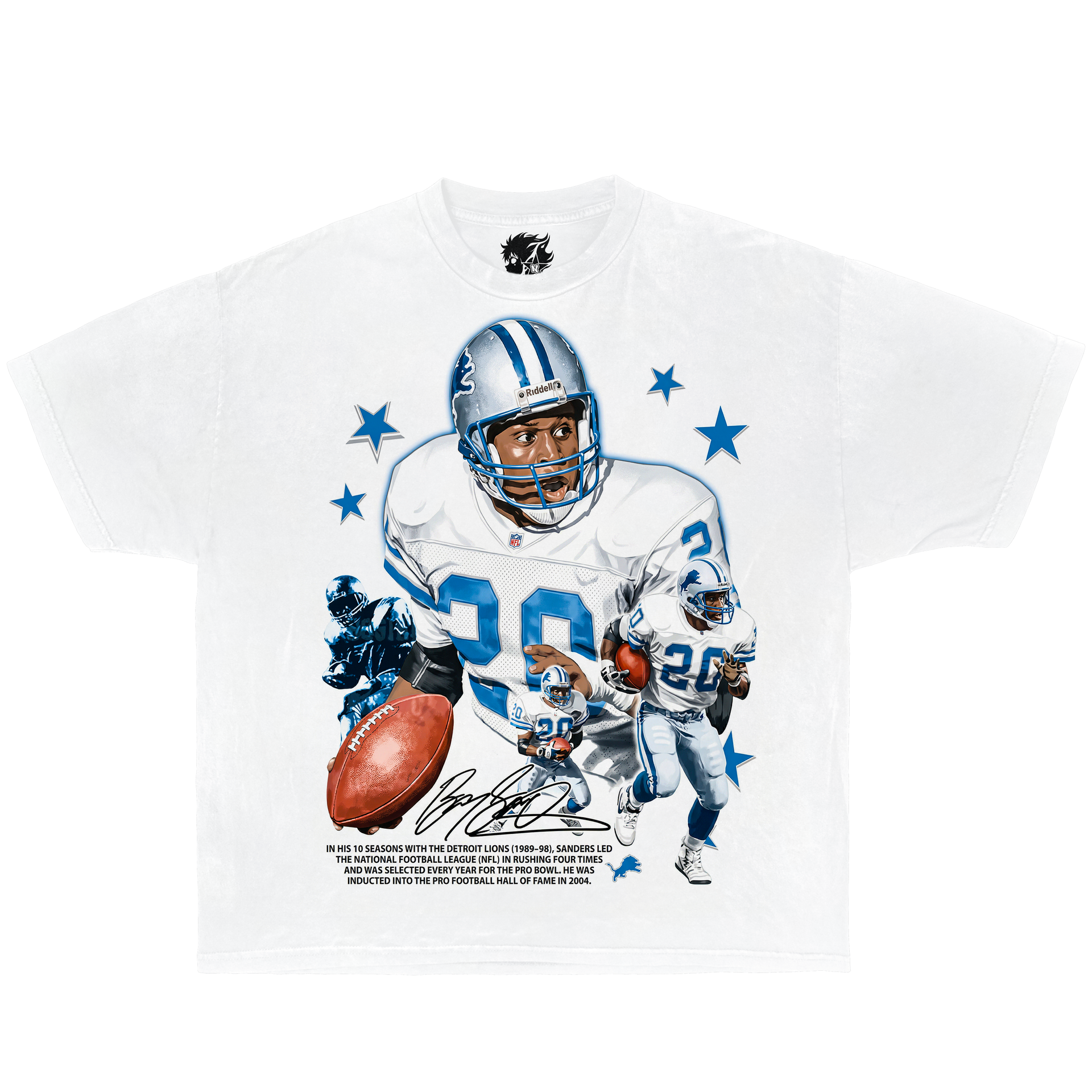 White graphic t-shirt featuring Barry Sanders Detroit Lions running back illustration with retro NFL football legend design.