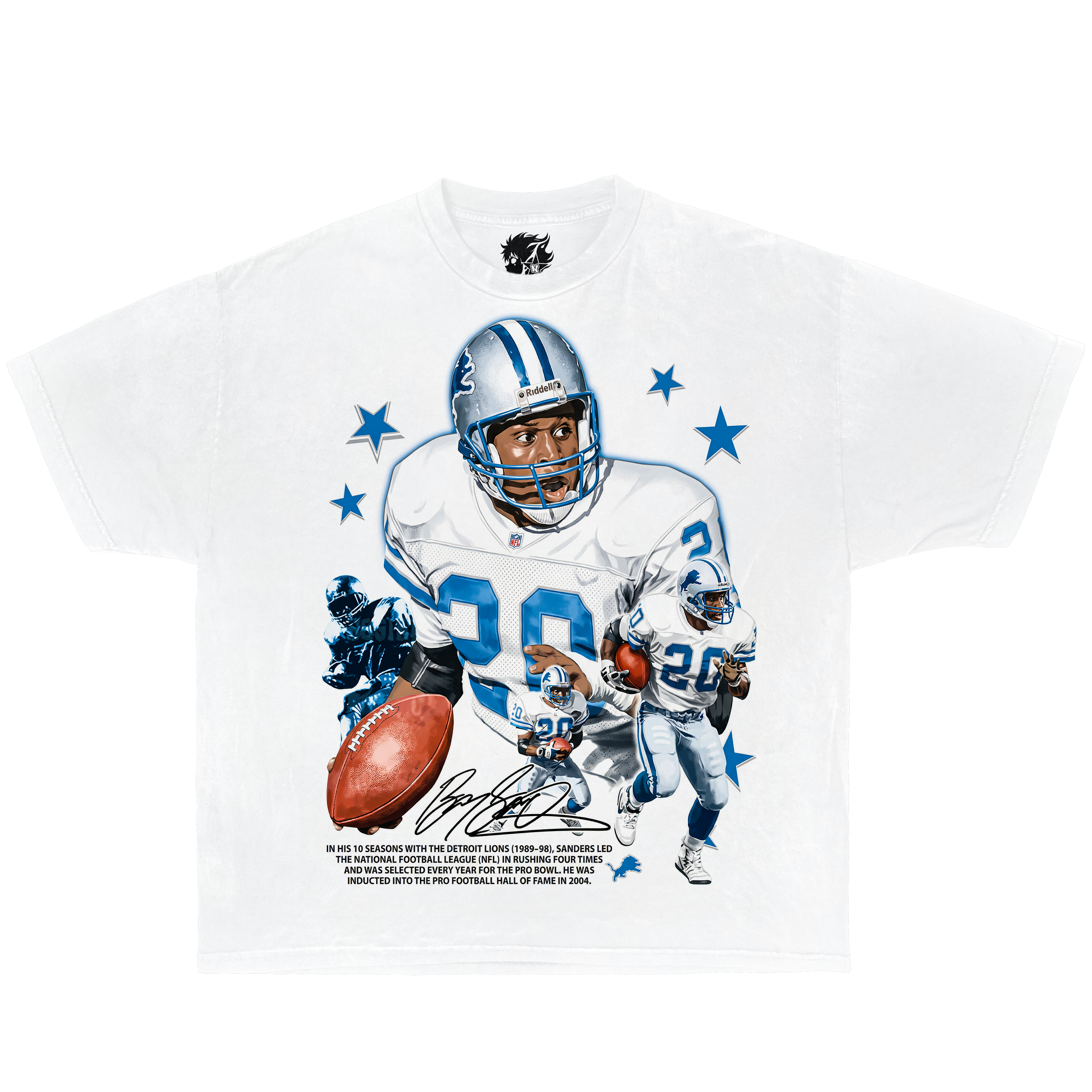 White graphic t-shirt featuring Barry Sanders Detroit Lions running back illustration with retro NFL football legend design.