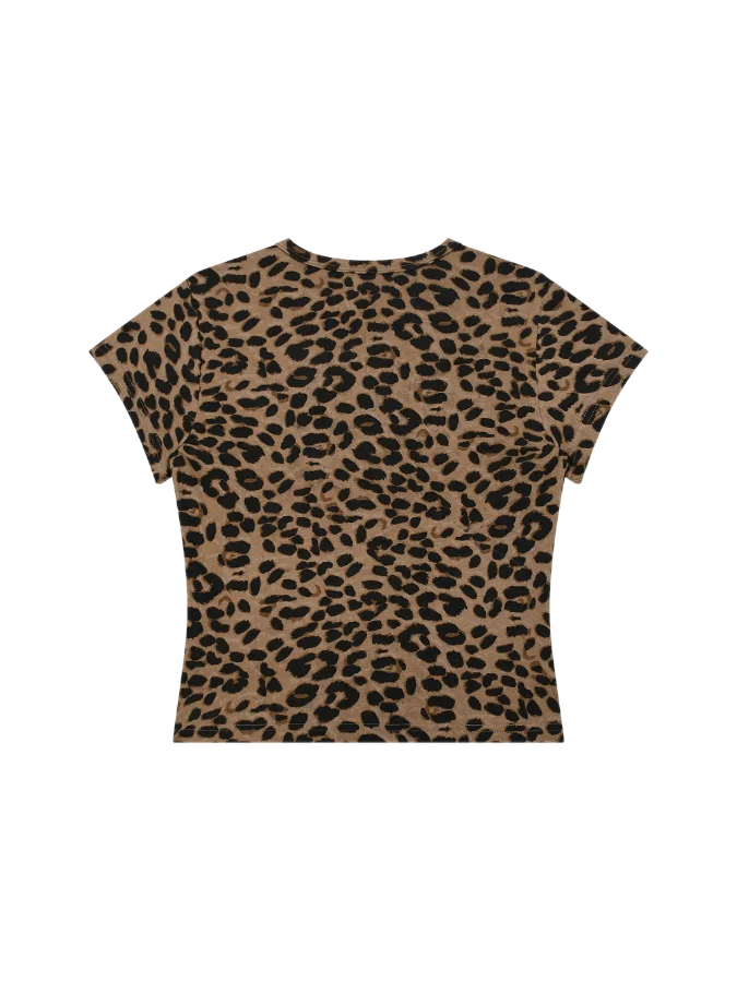 Women's Leopard Print Crop T-Shirt in Brown - back, transparent background