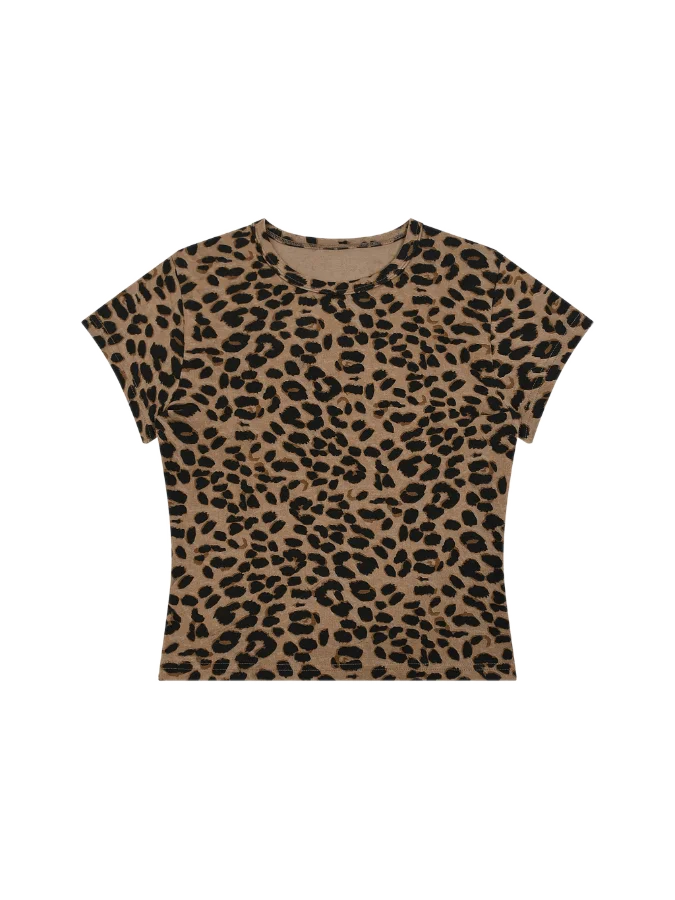 Women's Leopard Print Crop T-Shirt in Brown - front, transparent background