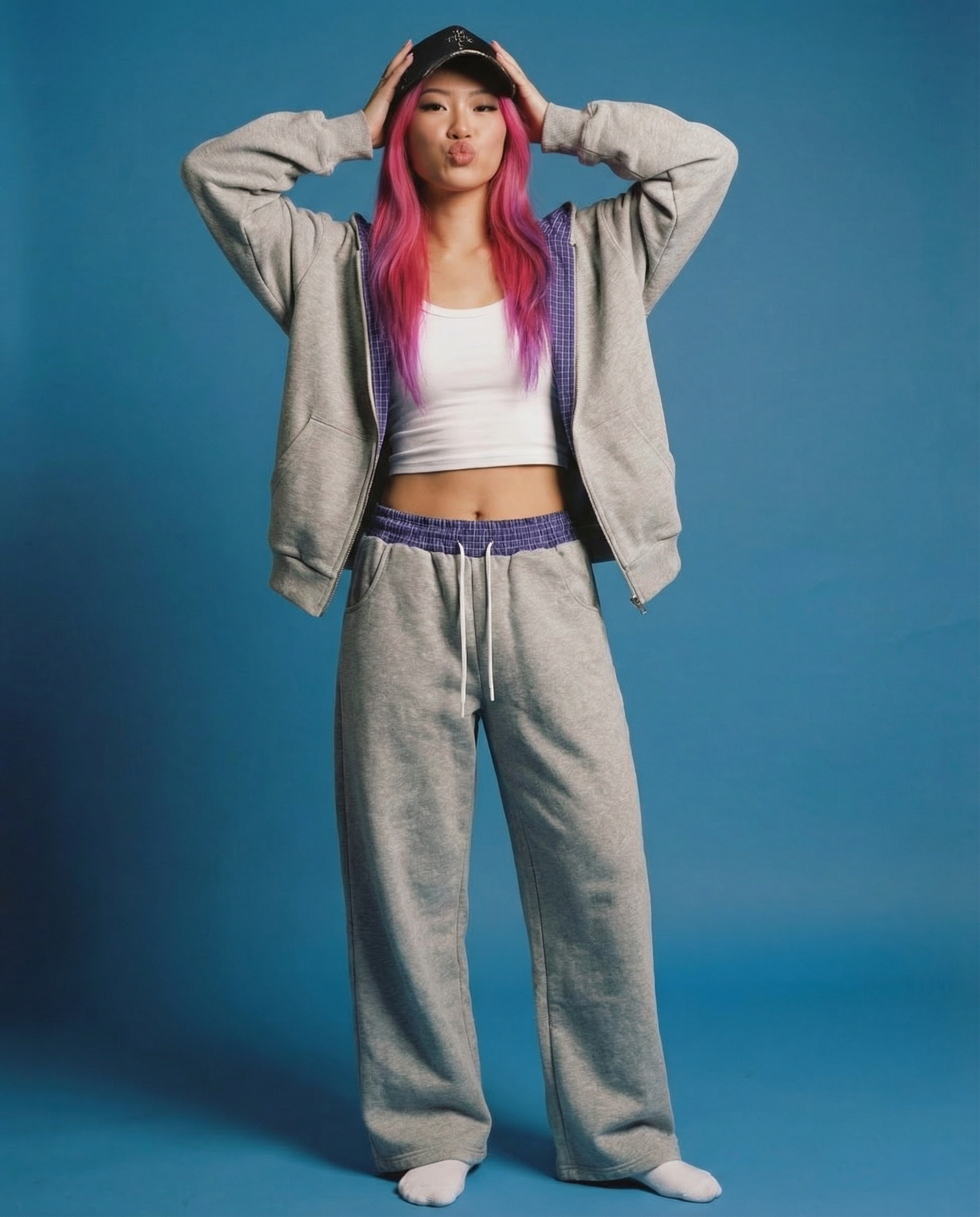 Plaid Waistband Barrel Oversized Y2K Flared Gray Sweatpants - Neniom