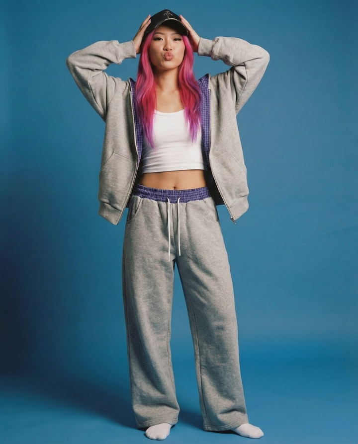 Plaid Waistband Barrel Oversized Y2K Flared Gray Sweatpants - Neniom