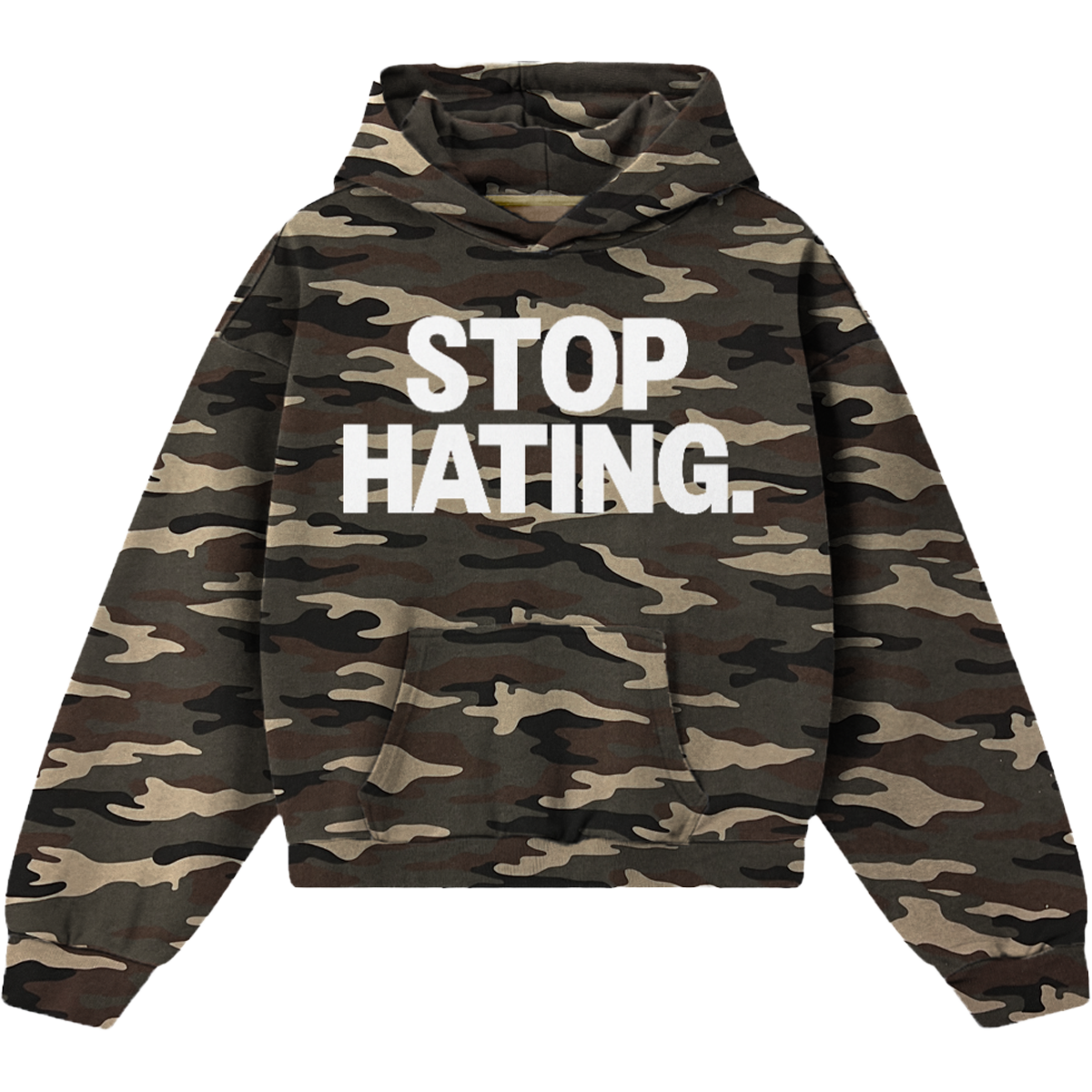 A camouflage hoodie with the words 'STOP HATING.' printed in bold white capital letters across the chest, shown on a plain white background.