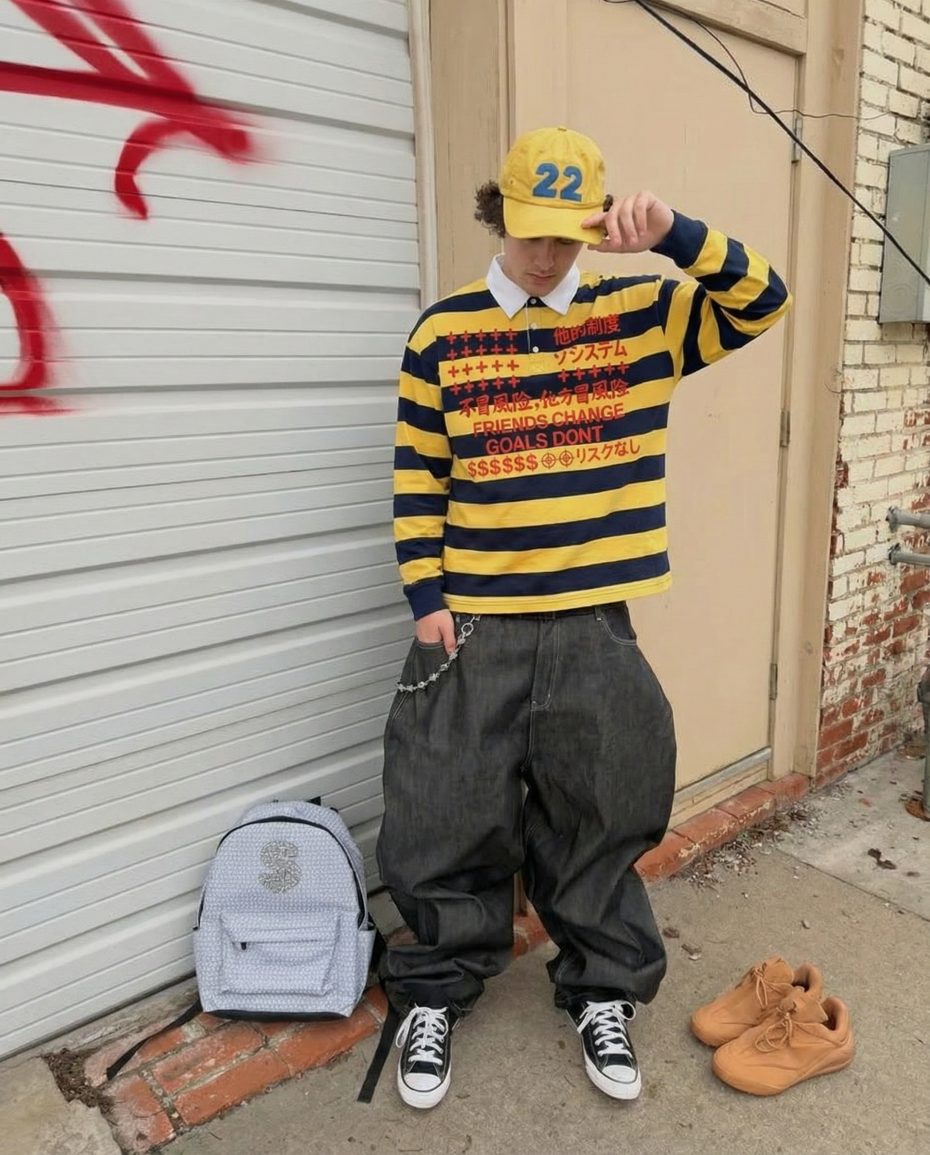 Friends Change, Money Don't Collared Color Block Stripe Polo Shirt Yellow / Navy Blue / Red - Neniom