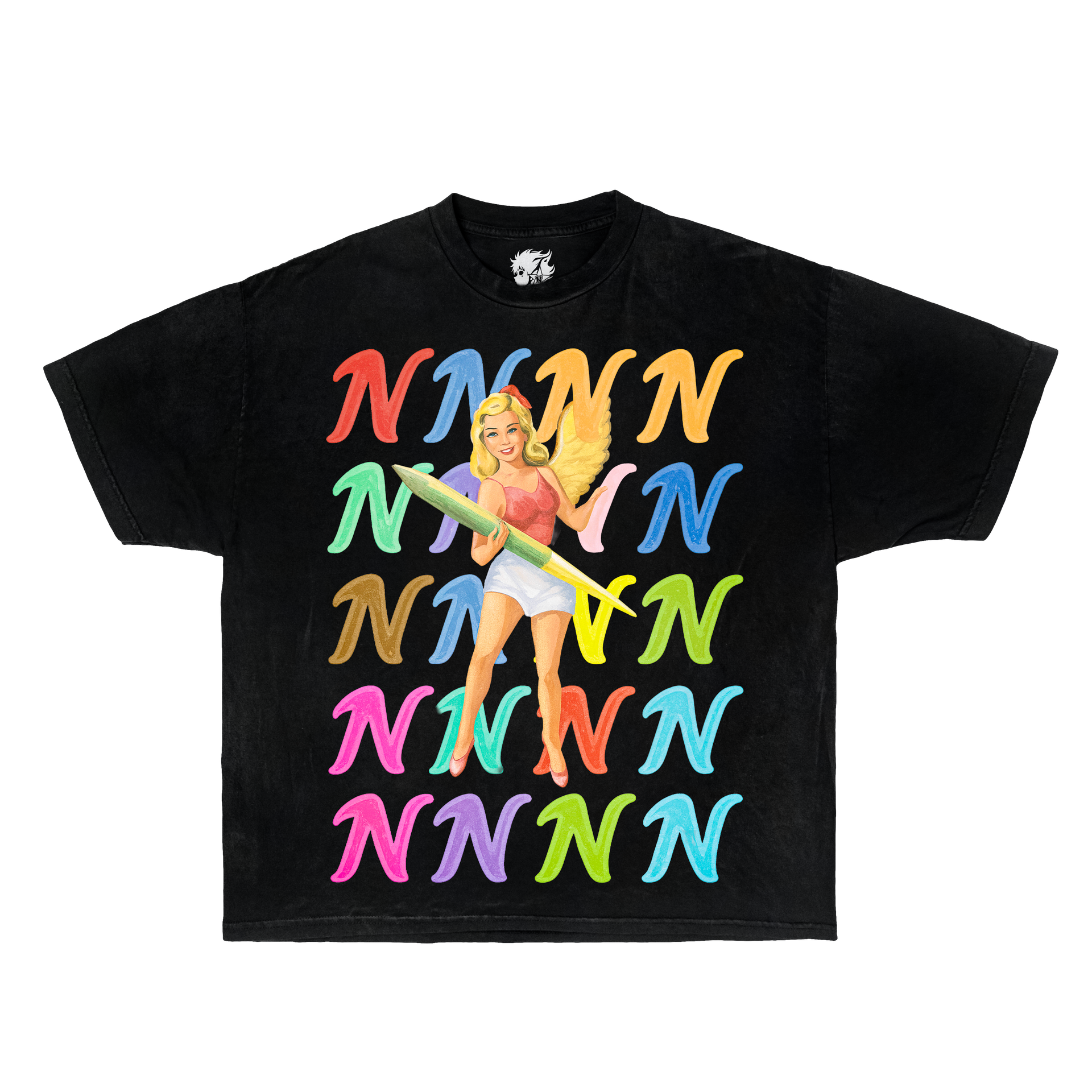 Black oversized Y2K angel graphic tee with colorful N logo design – streetwear vintage shirt”