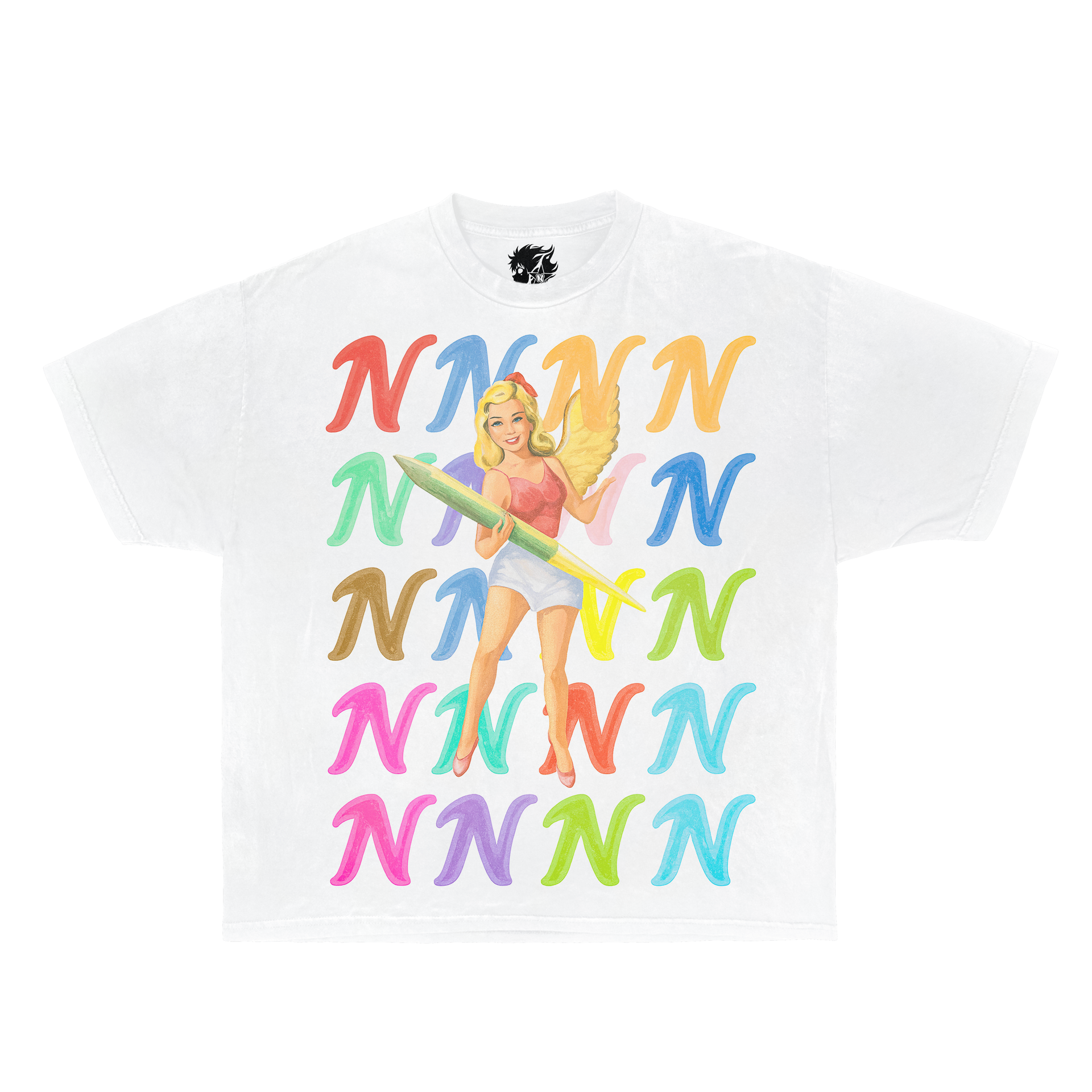 White retro Y2K oversized graphic tee with angel artwork and rainbow N logos