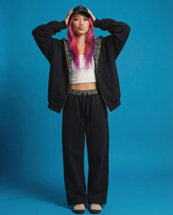 Plaid Waistband Barrel Oversized Y2K Flared Black Sweatpants - Neniom