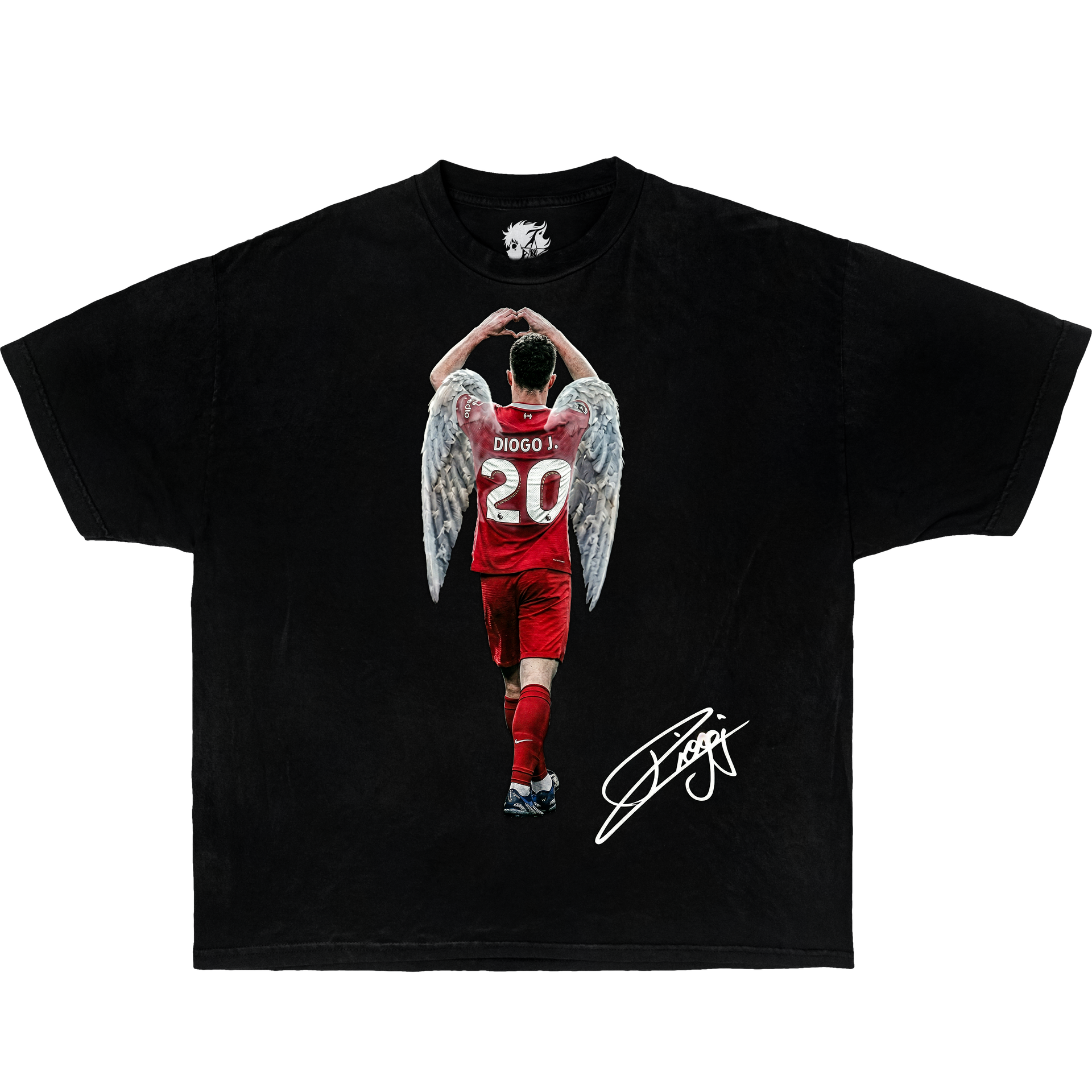 Black graphic t-shirt featuring football player Diogo Jota with angel wings, wearing red jersey number 20 in a tribute style memorial design.