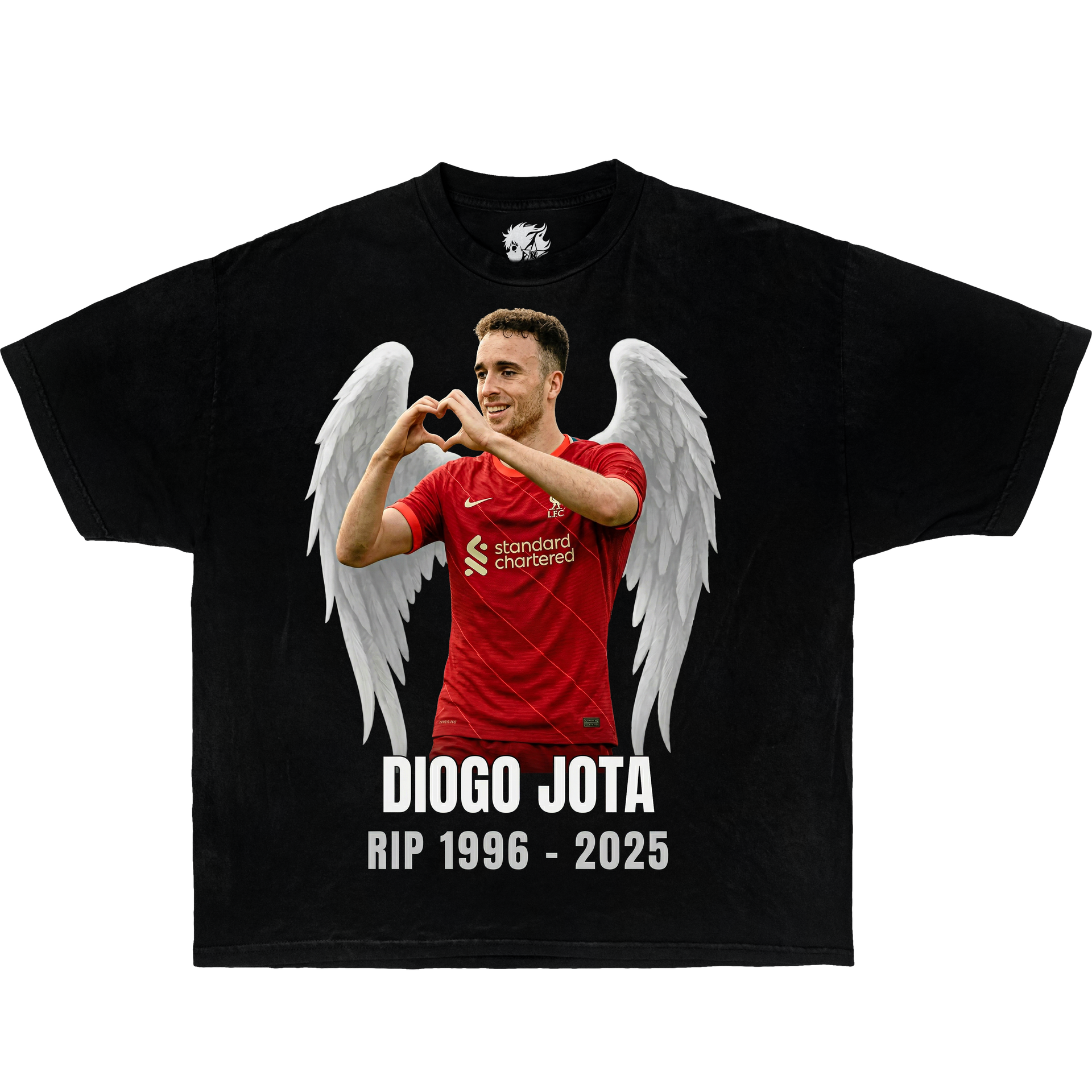 Black graphic t-shirt featuring Diogo Jota Liverpool football player portrait with angel wings in soccer fan tribute design.