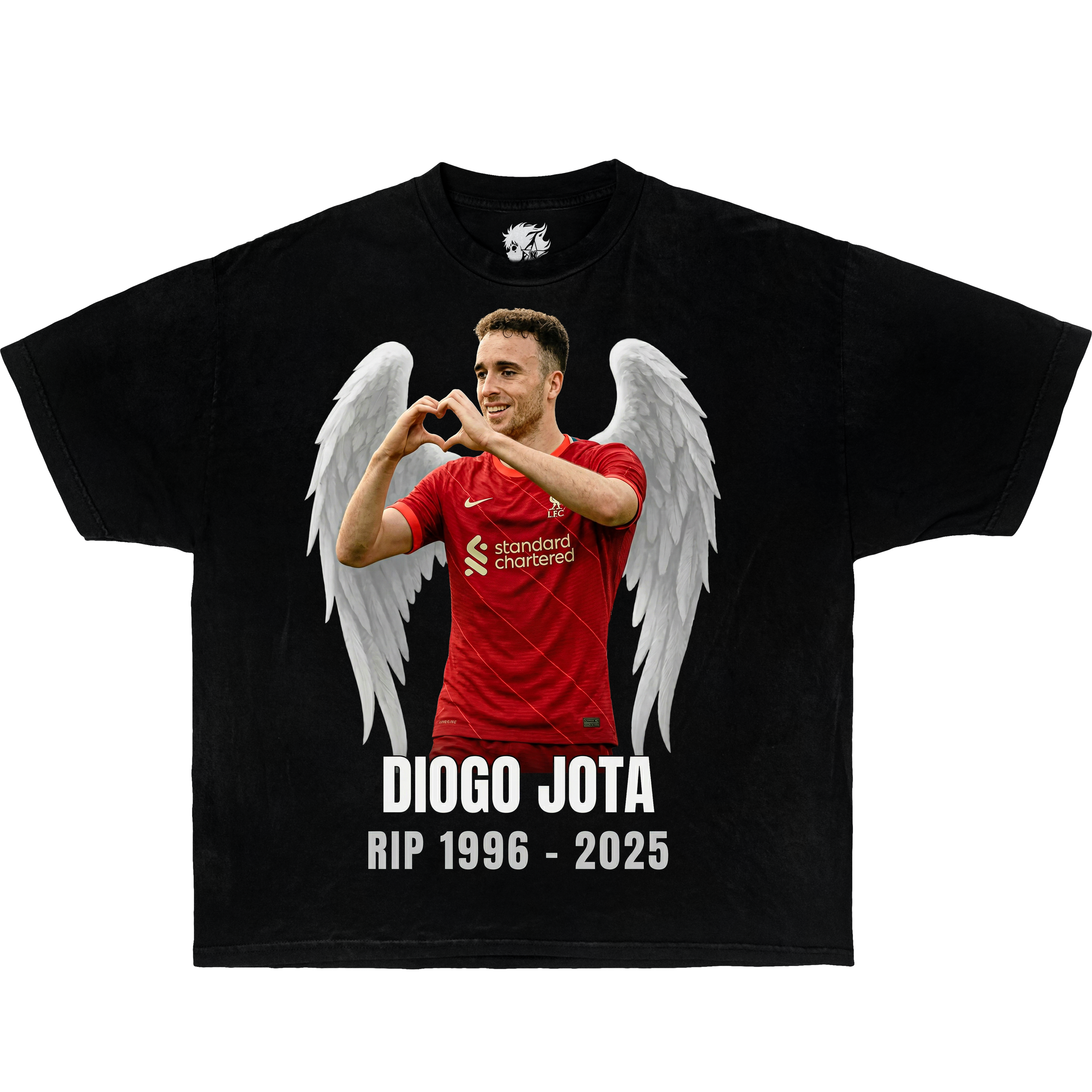 Black graphic t-shirt featuring Diogo Jota Liverpool football player portrait with angel wings in soccer fan tribute design.