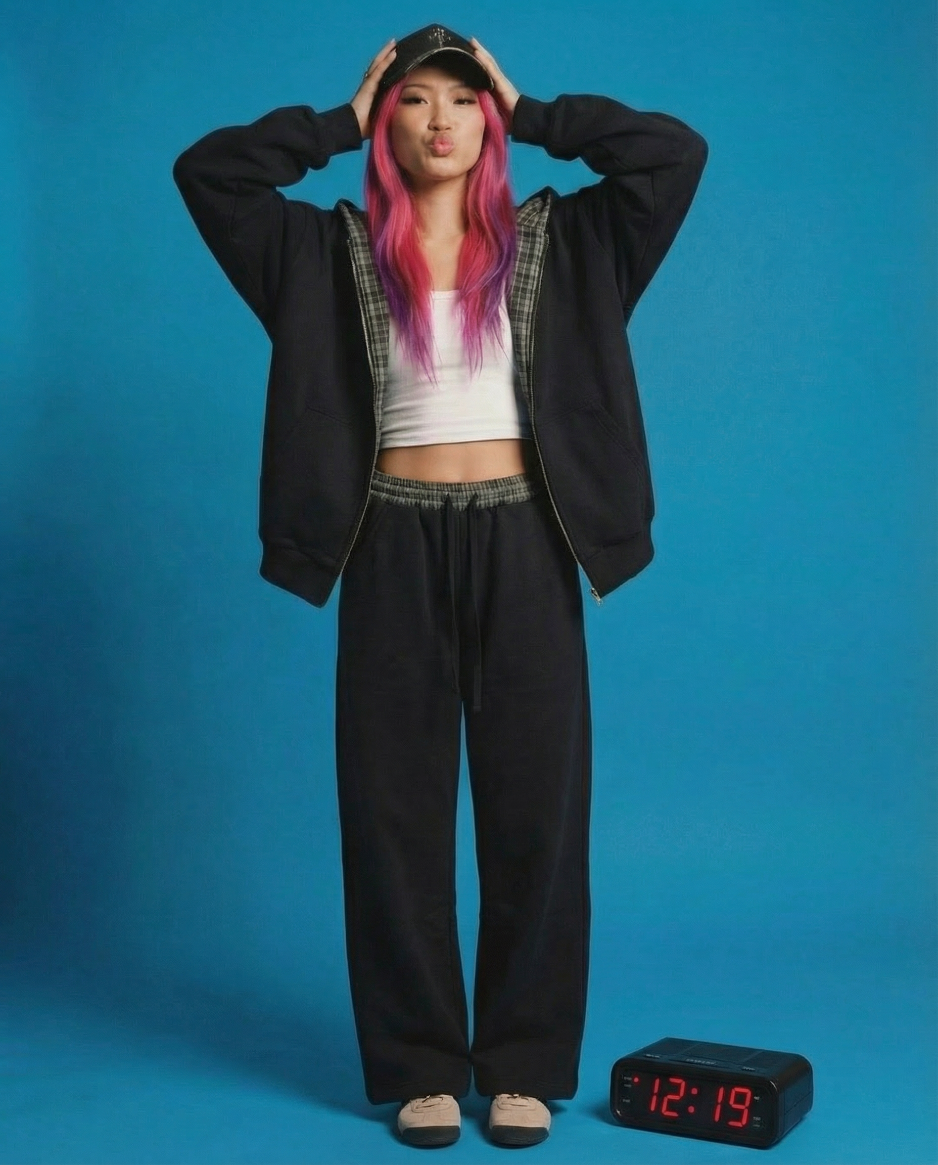 Lazy Boy Contrast Plaid Boxy Zip Up Black Hoodie