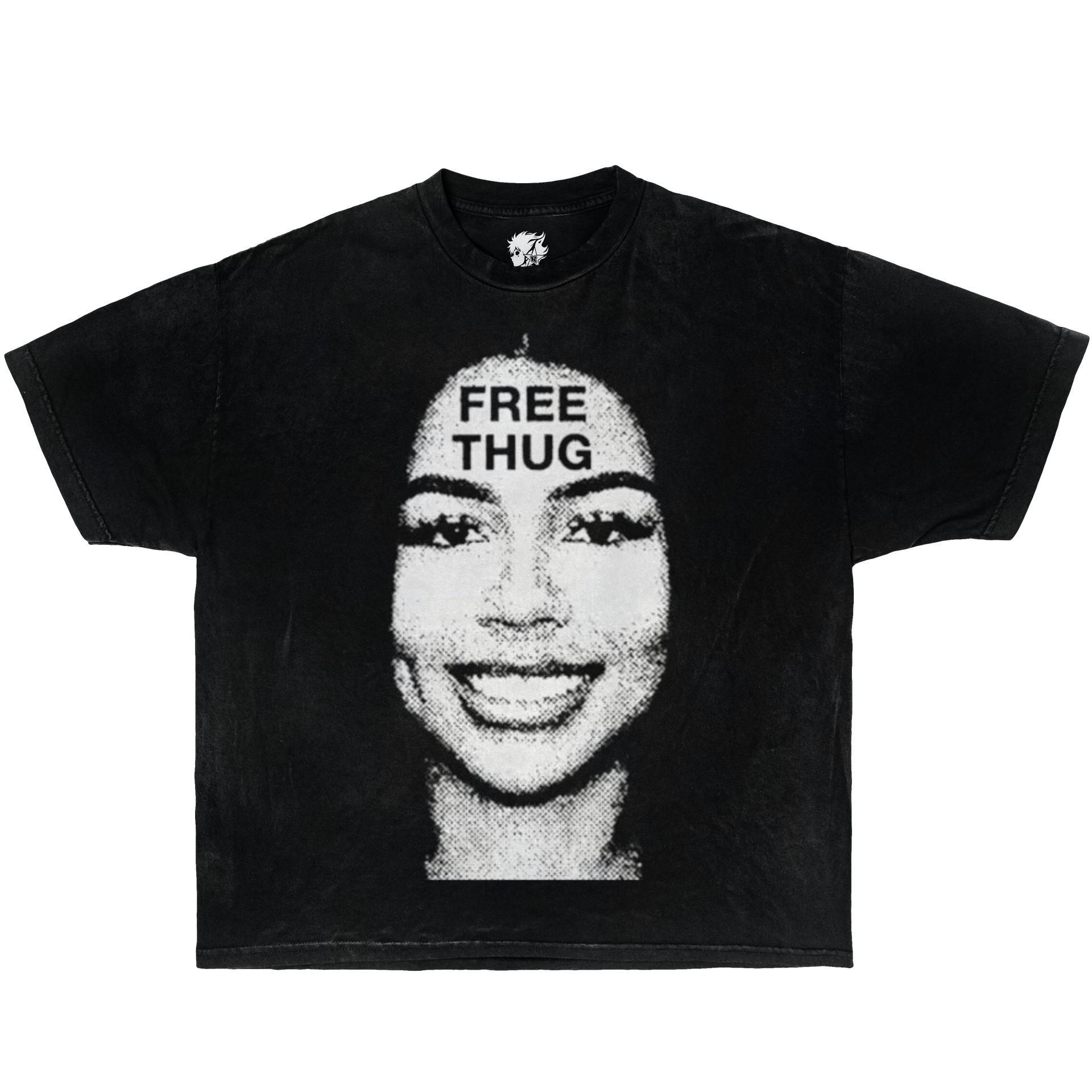 Vintage black streetwear t-shirt with bold ‘FREE THUG’ graphic print – oversized hip hop inspired tee