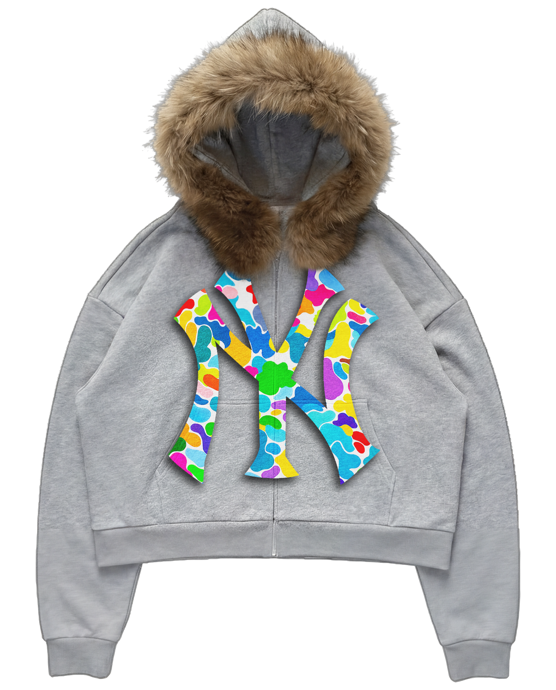 NY Uptown Skyline Fur Detachable Zip Up Hoodie Y2K Loose Fit Cropped