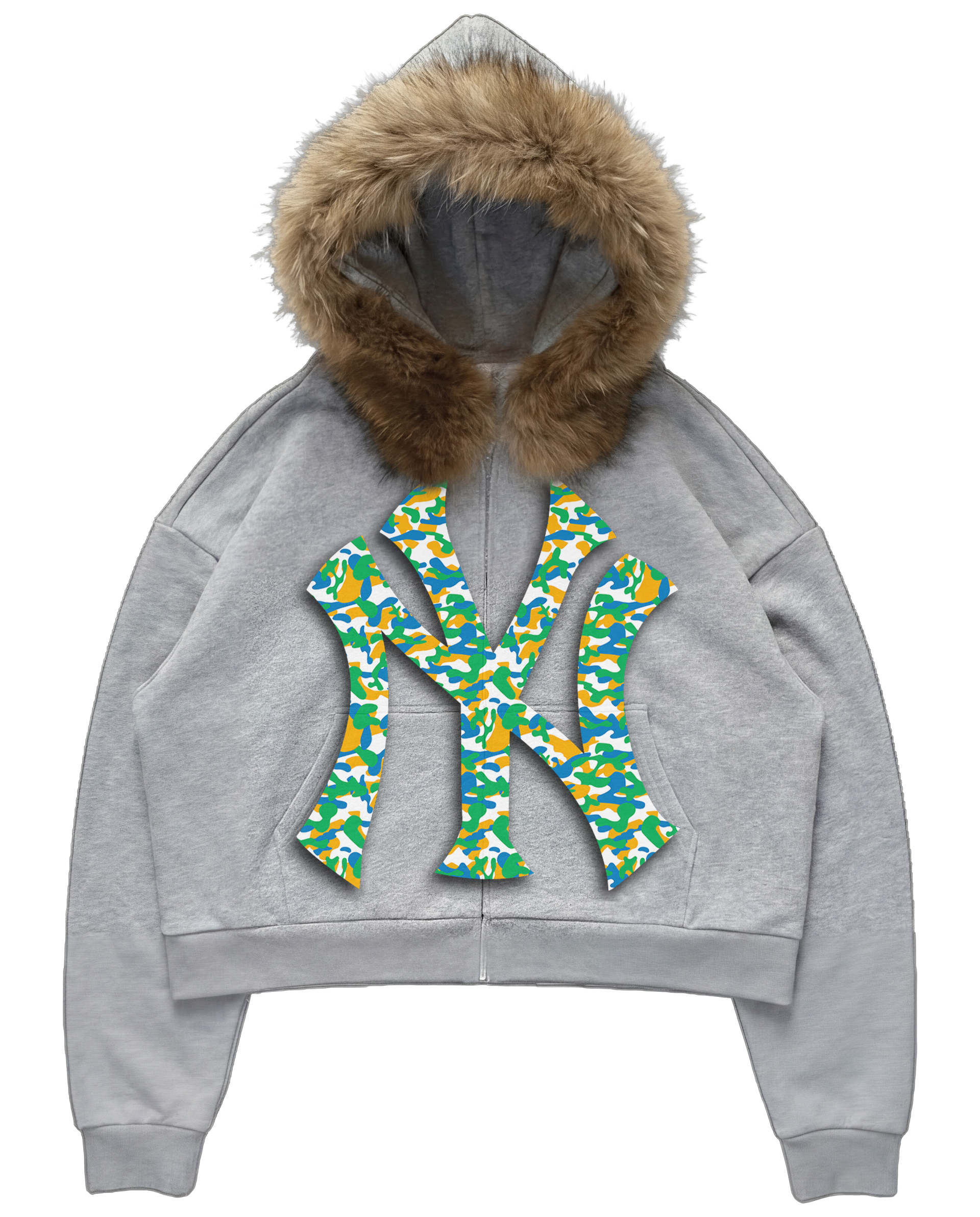 NY Teal Camo Uptown Skyline Fur Detachable Zip Up Hoodie Y2K Loose Fit Cropped