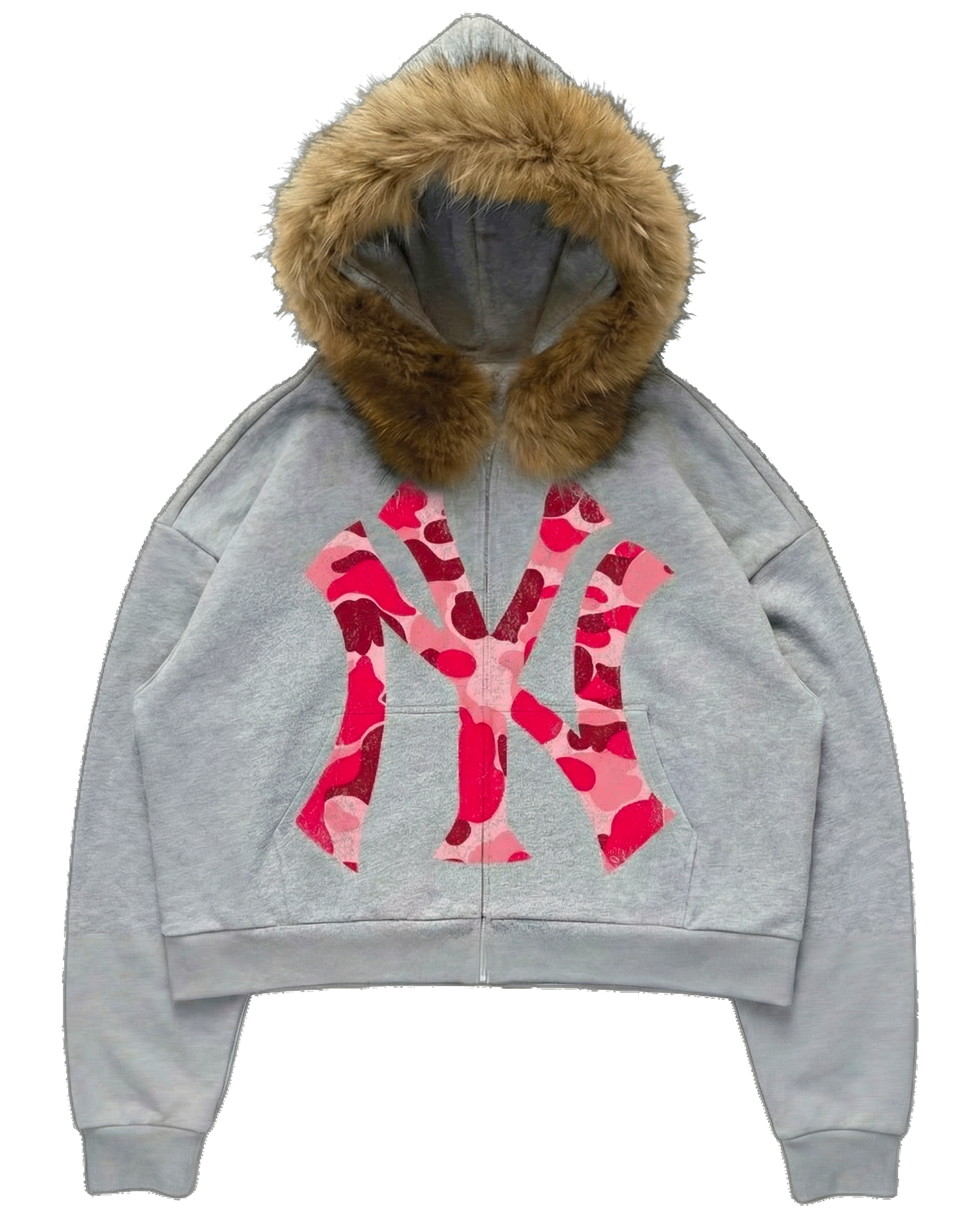 NY Pink Camo Uptown Skyline Fur Detachable Zip Up Hoodie Y2K Loose Fit Cropped