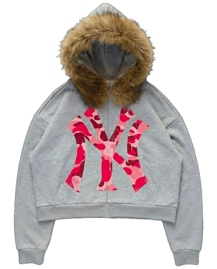 NY Pink Camo Uptown Skyline Fur Detachable Zip Up Hoodie Y2K Loose Fit Cropped