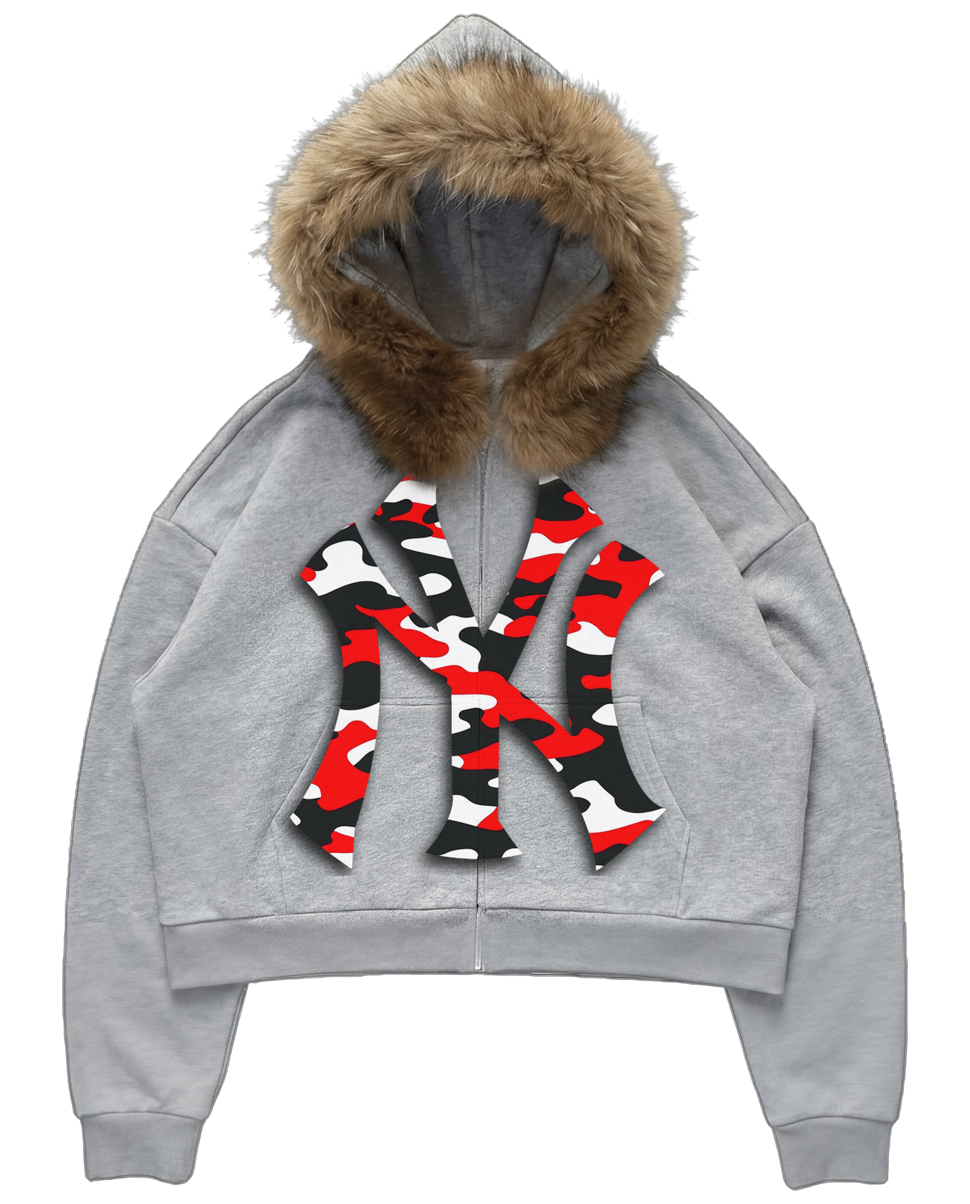 NY Red Camo Uptown Skyline Fur Detachable Zip Up Hoodie Y2K Loose Fit Cropped